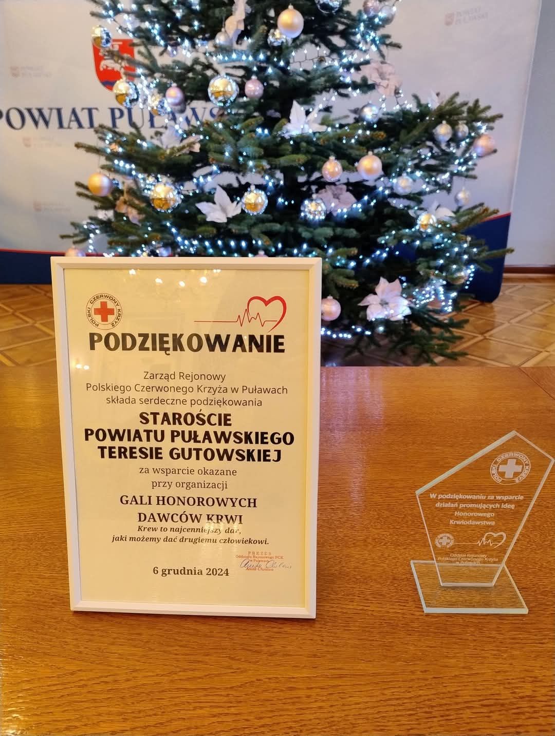 Podziękowanie dla starosty puławskiego, w tle choinka