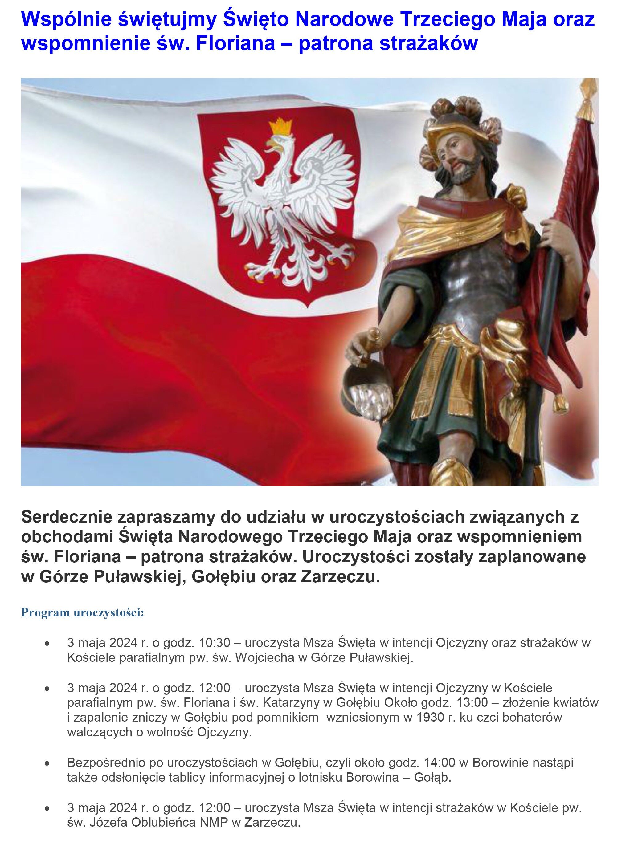 Uroczystości patriotyczne z okazji Święta Narodowego 3 Maja gmina Puławy
