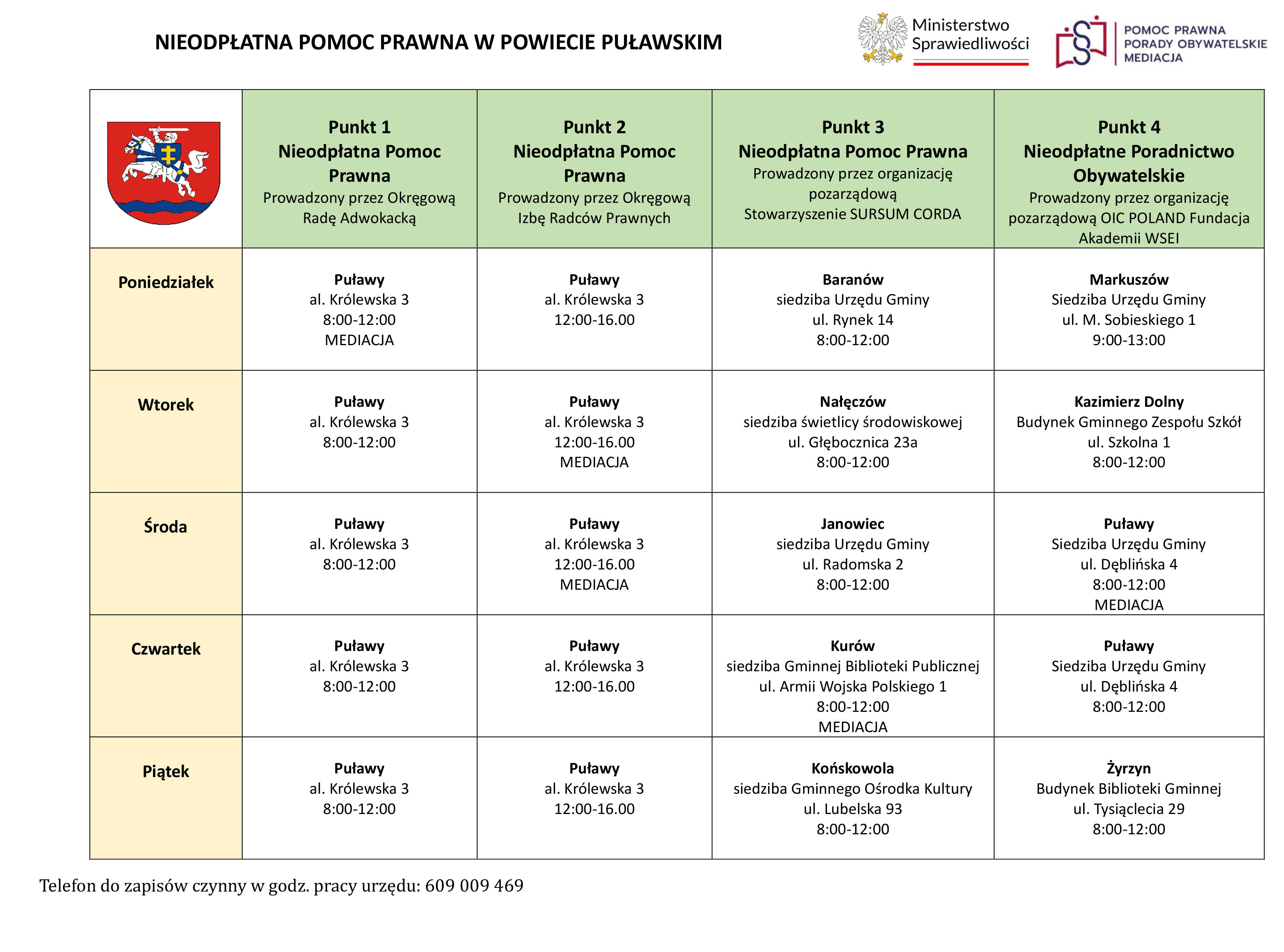 Harmonogram pracy punktów nieodpłatnej pomocy prawnej