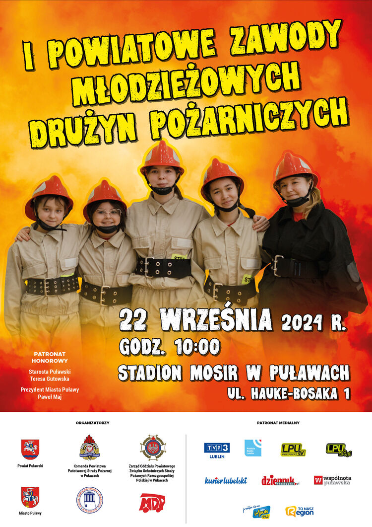 Już w najbliższą niedzielę, 22 września 2024 r. godz. 10:00 na Stadionie Miejskiego Ośrodka Sportu i Rekreacji w Puławach, ul. Hauke-Bosaka 1 odbędą się I Powiatowe Zawody Młodzieżowych Drużyn Pożarniczych. Organizatorami przedsięwzięcia są: Powiat Puławski, Miasto Puławy, Komenda Powiatowa Państwowej Straży Pożarnej w Puławach, Zarząd Oddziału Powiatowego Związku Ochotniczej Straży Pożarnej Rzeczypospolitej Polskiej, Miejski Ośrodek Sportu i Rekreacji w Puławach. Patronat honorowy sprawują: Sta