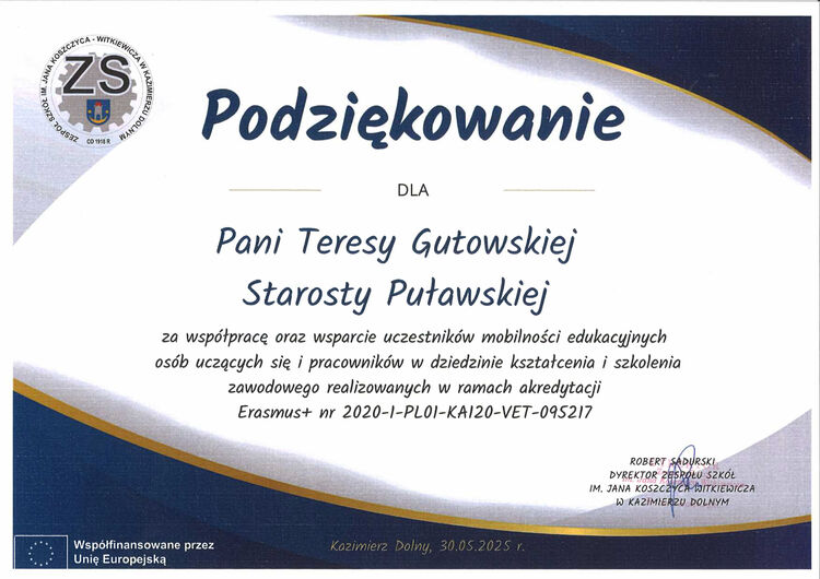 Podziękowanie dla starosty puławskiego Teresy Gutowskiej