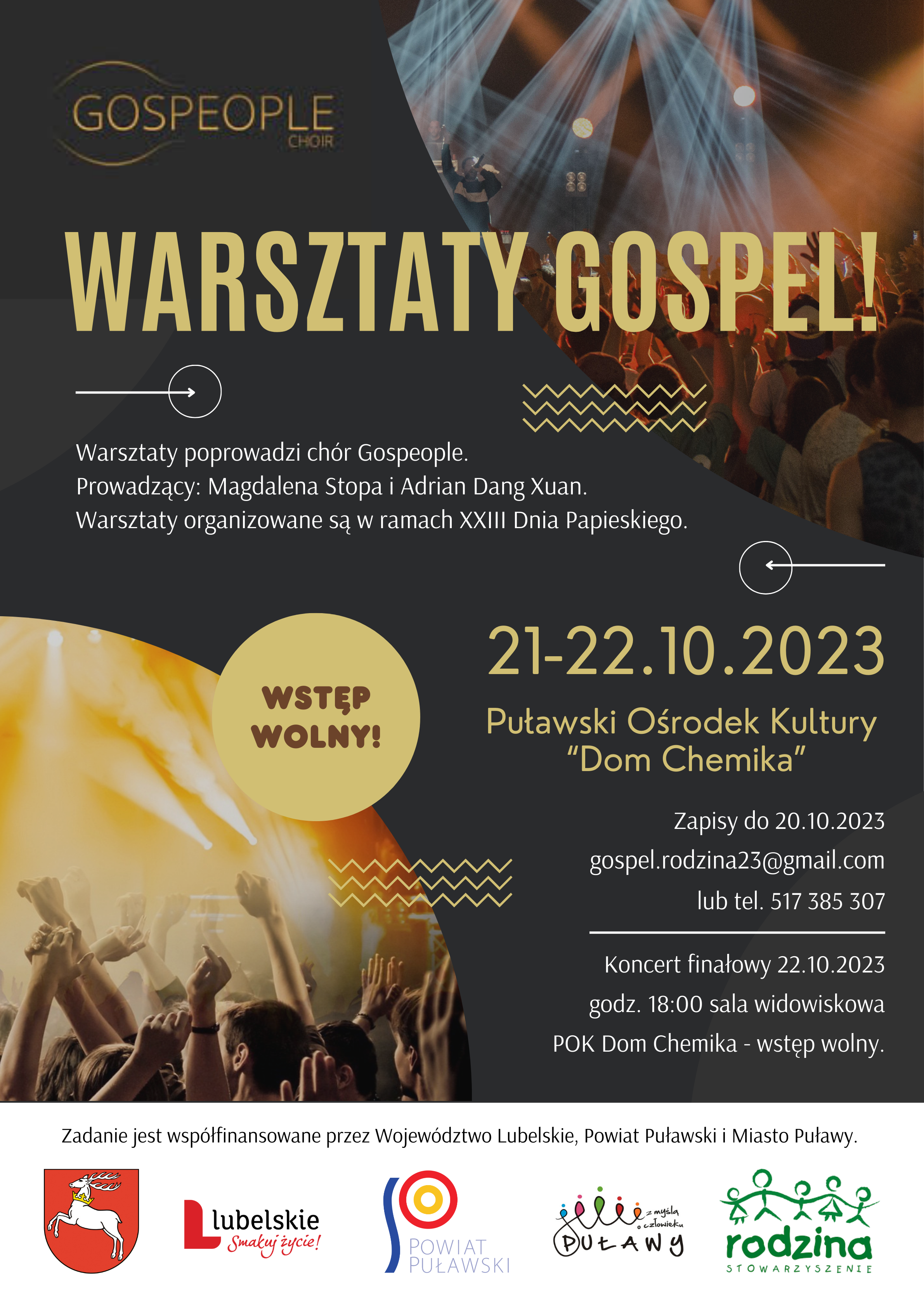 Plakat informacyjny o warsztatach gospel z okazji XXXIII. Dnia Papieskiego. Zawiera daty, miejsce, informacje o wstępie wolnym i wspierających instytucjach. Dominuje czerwień, grafika ludzi śpiewających, białe i złote akcenty.