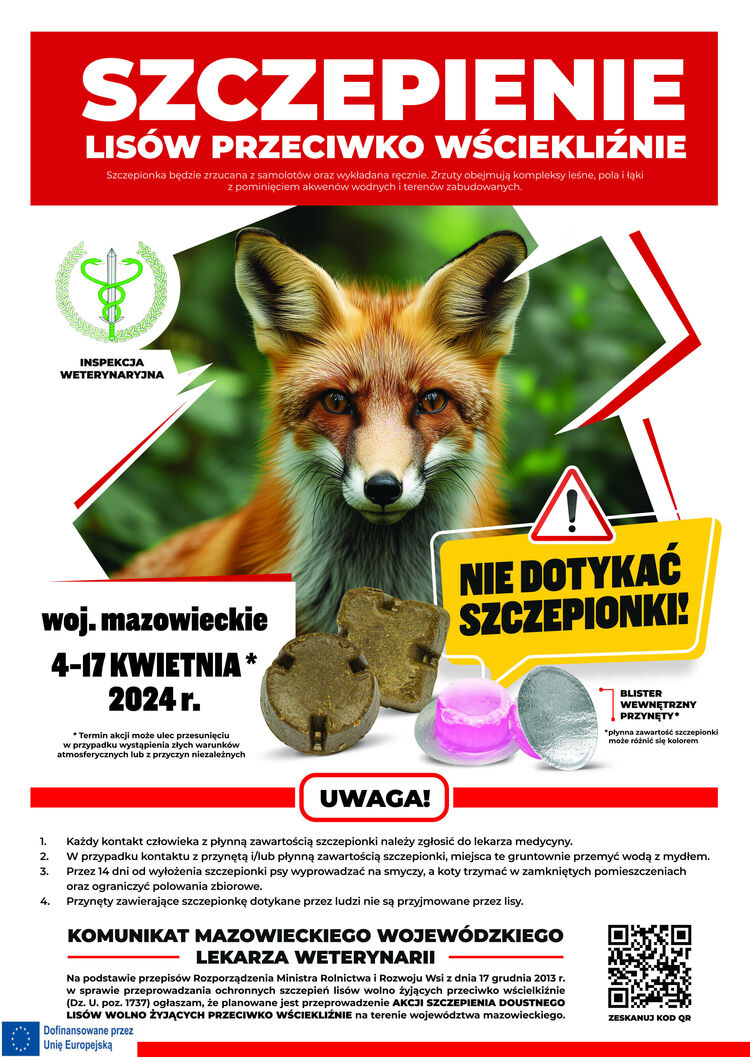 W dniach 3-17 kwietnia 2024 r. na terenie województwa mazowieckiego planowane jest przeprowadzenie wiosennej akcji szczepień lisów wolno żyjących przeciw wściekliźnie