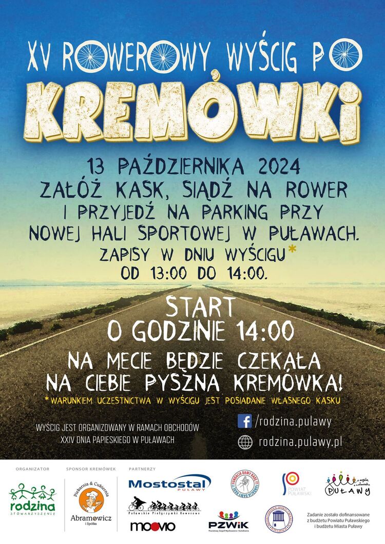 W niedzielę, 13 października odbędzie się "XV Rowerowy Wyścig po kremówki". Organizatorem wydarzenia jest Stowarzyszenie "Rodzina". Samorząd powiatowy dofinansował realizację zadania w ramach wsparcia ofert o charakterze pożytku publicznego.