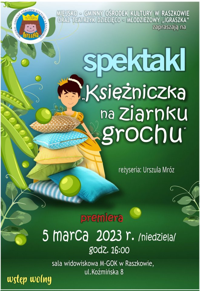 Plakat zapraszający na spektakl w Domu Kultury w Raszkowie