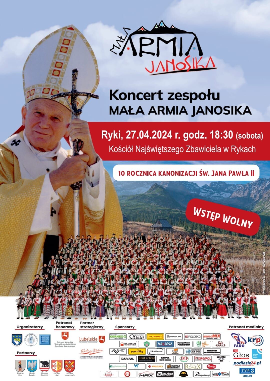 Plakat informacyjny o wydarzeniu - koncert zespołu Mała Armia Janosika Ryki 27 kwietnia 2024