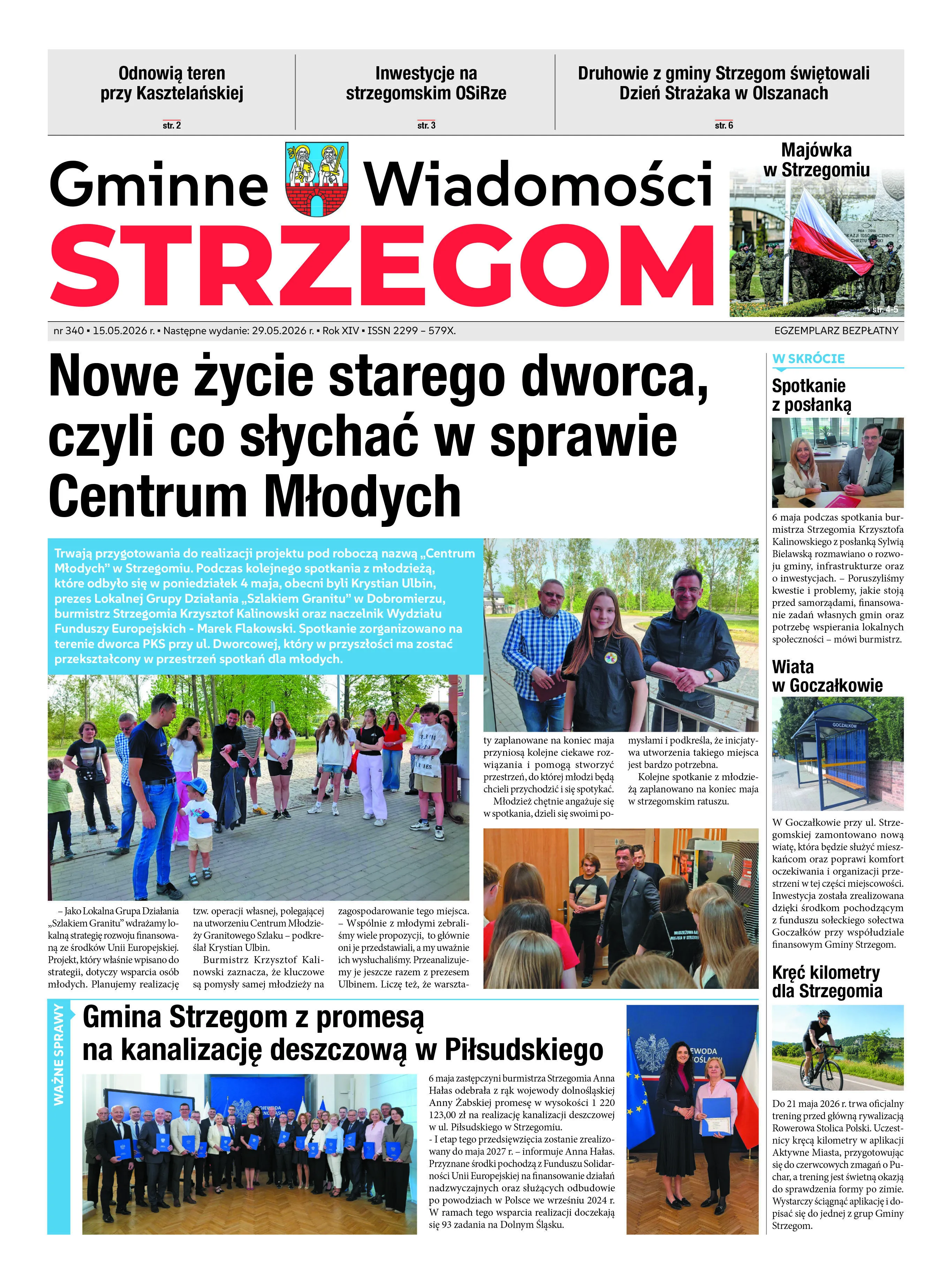 Na stronie głównej czasopisma „Gminne Wiadomości Strzegom” widoczny jest artykuł o starym dworcu. Różne zdjęcia ilustrują lokalne wydarzenia, spotkania i inwestycje gminy Strzegom.