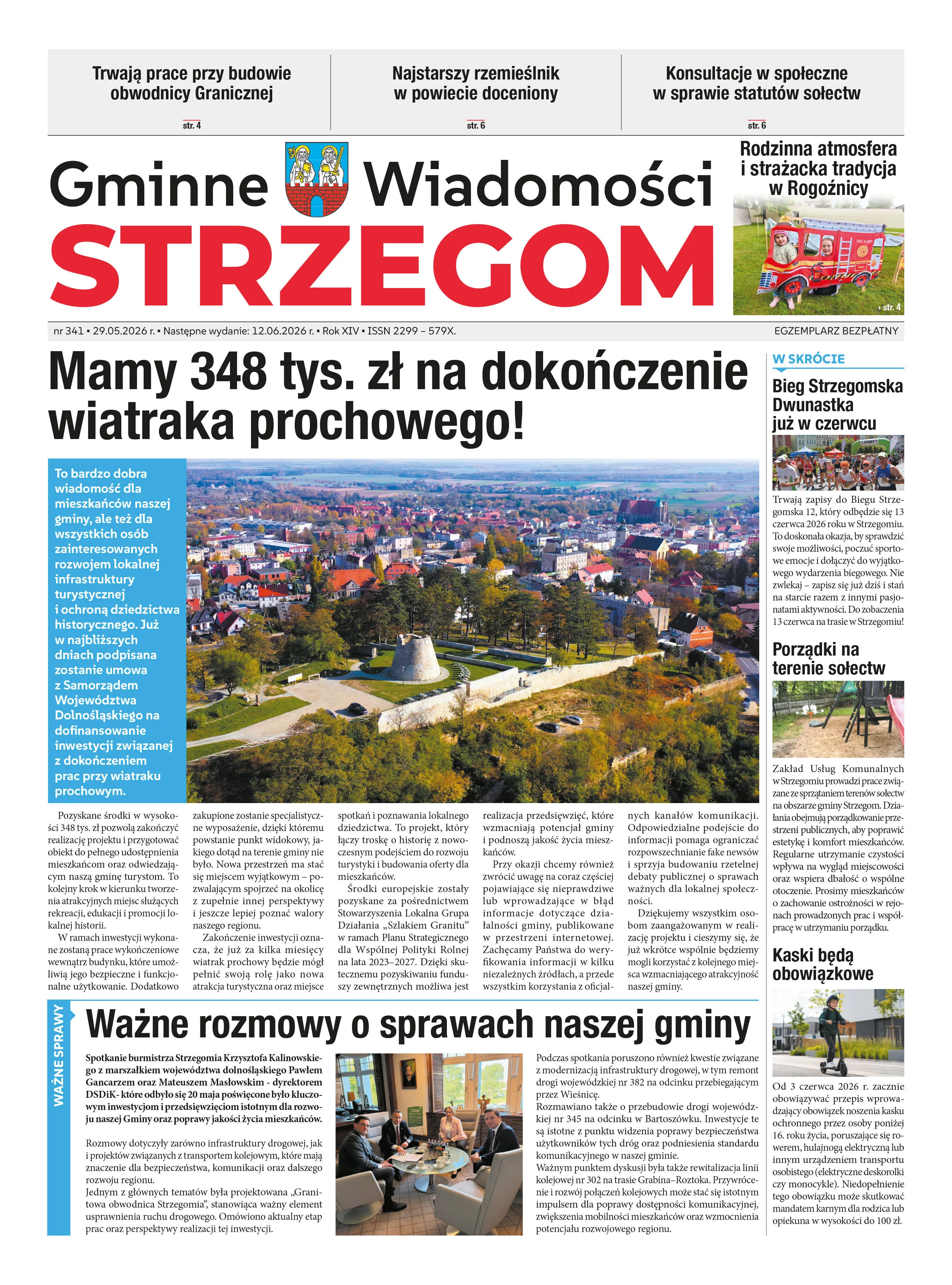 Strona główna gazety „Gminne Wiadomości Strzegom” z nagłówkami o budżecie na wiatrak prochowy, rozmowach o sprawach gminy, rewitalizacji oraz innych lokalnych wydarzeniach. Widok na panoramę miasta Strzegom.