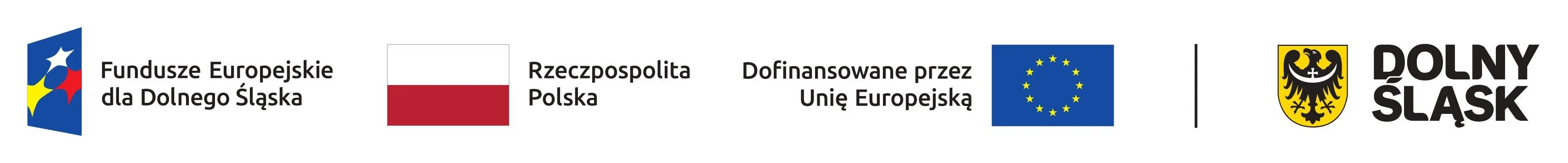 Cztery logotypy obok siebie: Fundusze Europejskie dla Dolnego Śląska, flaga Polski z napisem "Rzeczpospolita Polska", flaga Unii Europejskiej z napisem "Dofinansowane przez Unię Europejską", herb Dolnego Śląska z napisem "Dolny Śląsk".
