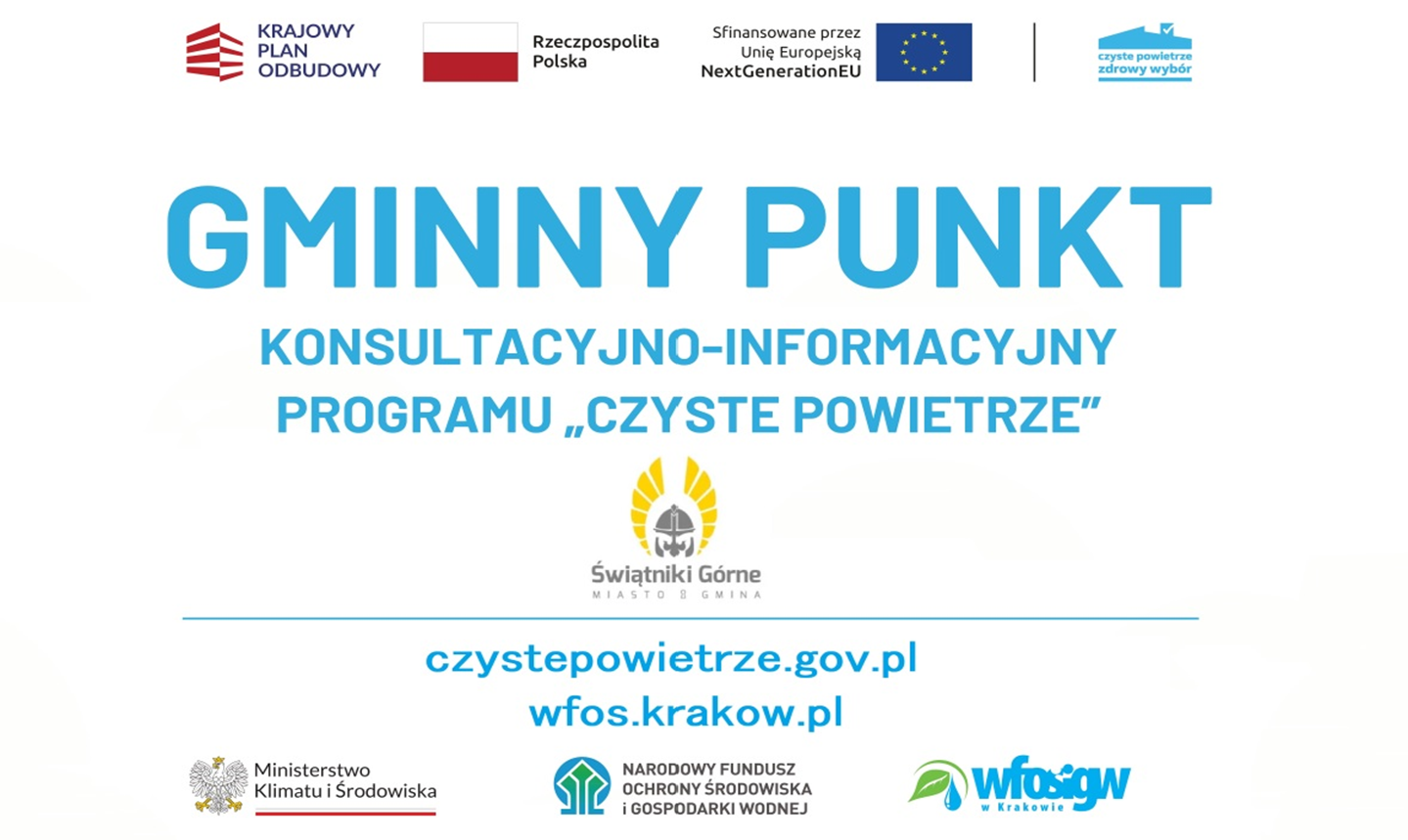Plakat informacyjny z napisem Gminny punkt konsultacyjno-informacyjny programu "Czyste Powietrze".