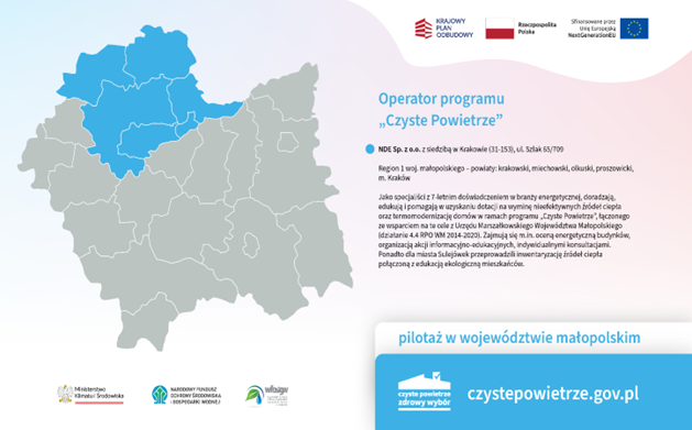 Mapa województwa małopolskiego z i nformacją o operatorach w programie Czyste Powietrze