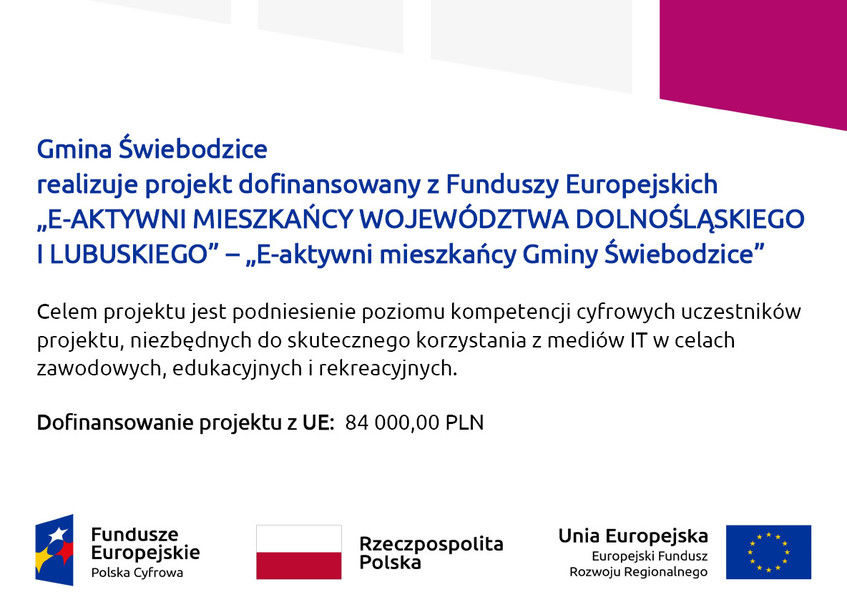 Gmina Świebodzice realizuje projekt dofinansowany z Funduszy Europejskich „E-AKTYWNI MIESZKAŃCY WOJEWÓDZTWA DOLNOŚLĄSKIEGO I LUBUSKIEGO