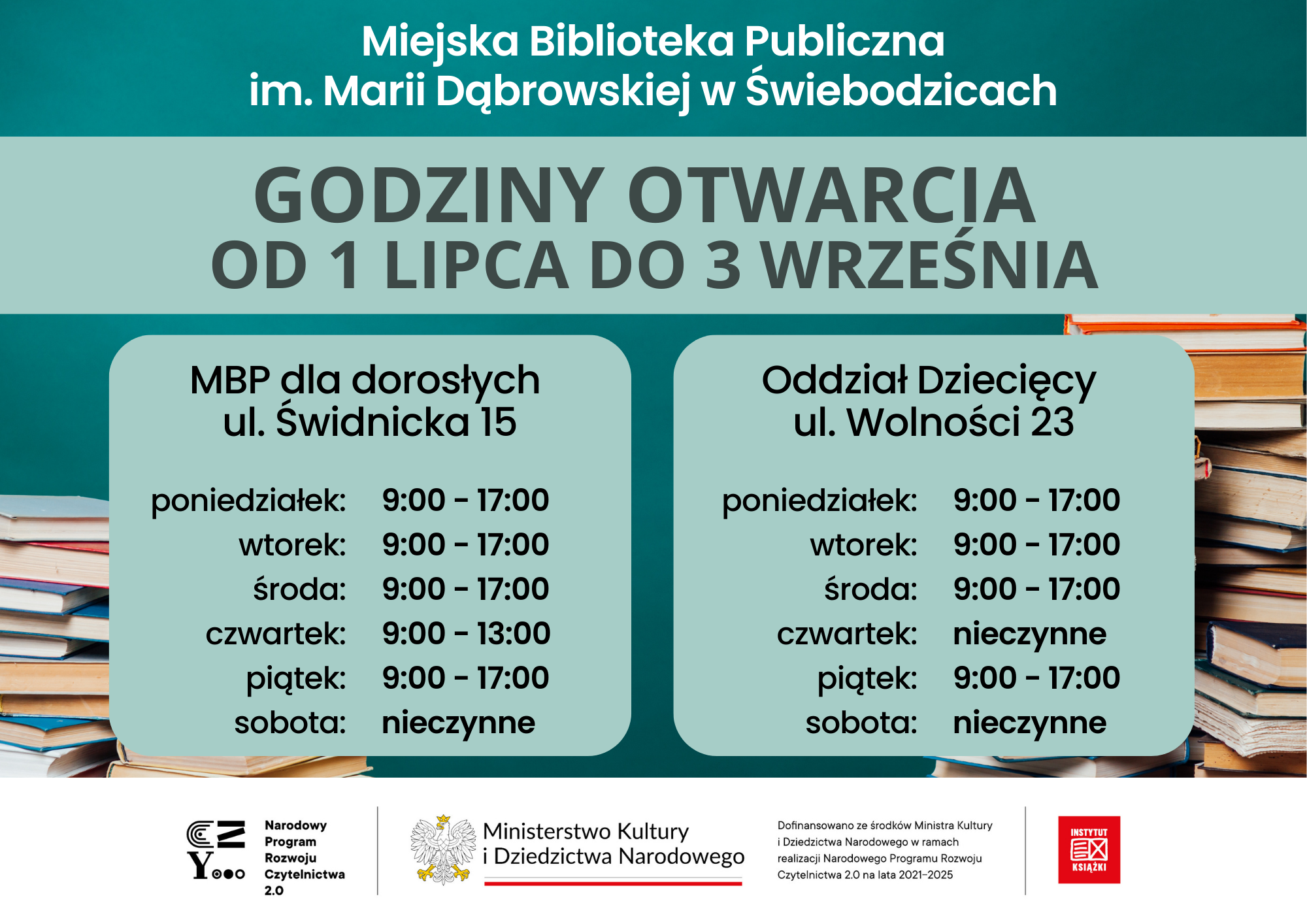 Godziny otwarcia biblioteki przy ul. Świdnickiej: poniedziałek, wtorek, środa, piątek 9-17, czwartej 9-13, sobota nieczynne. Godziny otwarcia Oddziału Dziecięcego przy ul. Wolności 23: poniedziałek, wtorek, środa, piątek 9-17, czwartek i sobota nieczynne.