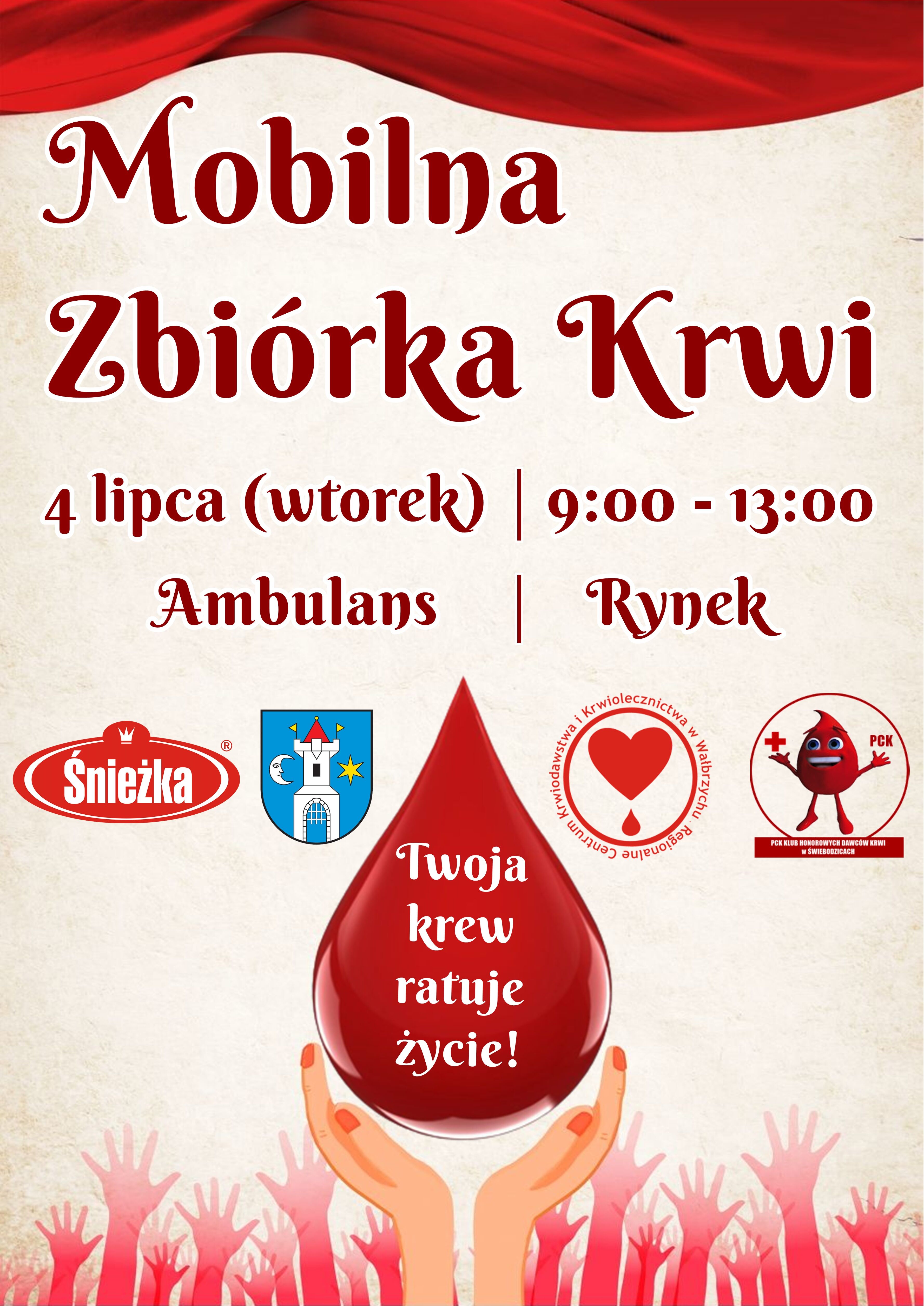 Mobilna zbiórka krwi, 4 lipca (wtorek), godz. 9:00-13:00, Rynek