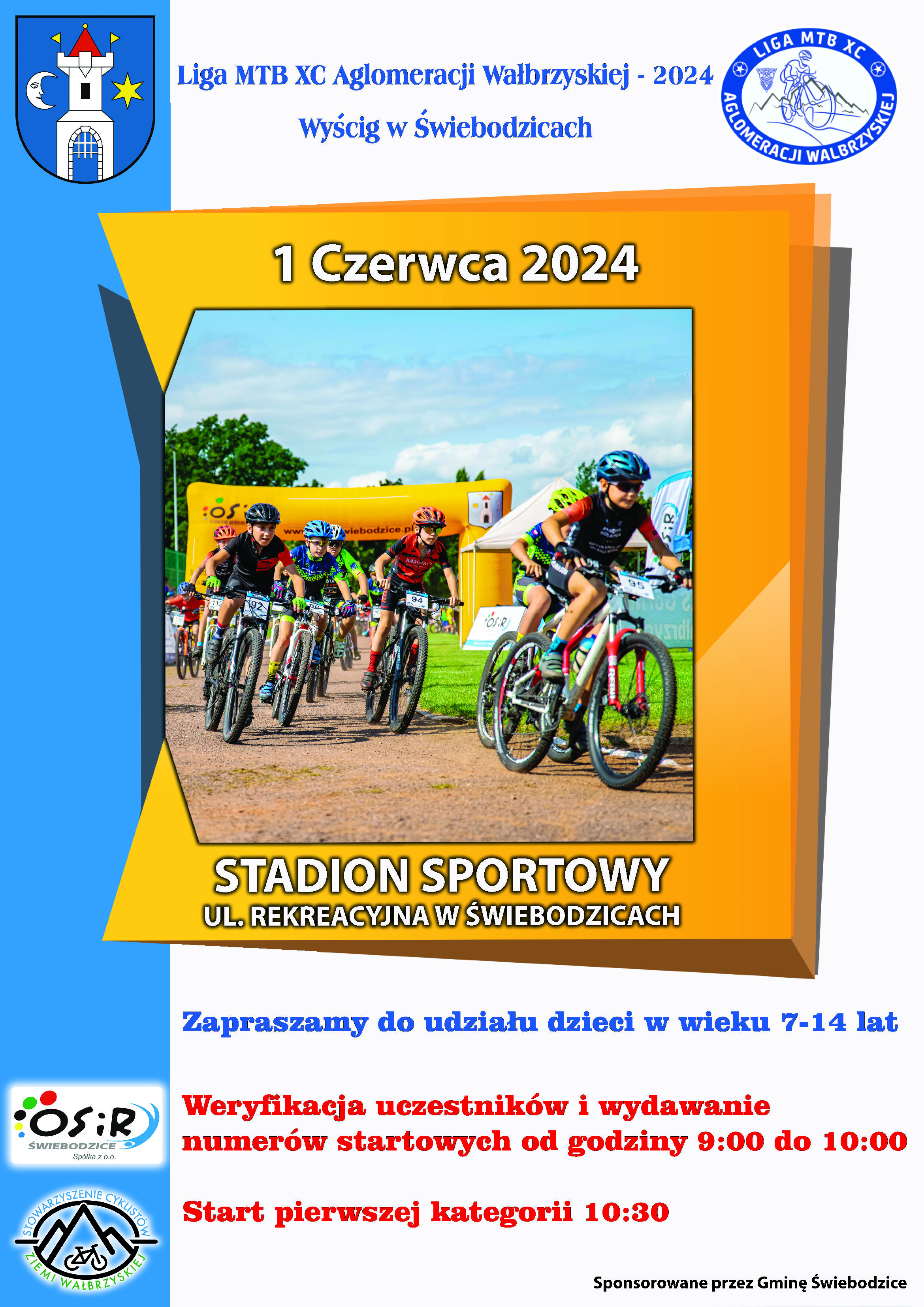 Liga MTB XC Aglomeracji Wałbrzyskiej – 2024 - Wyścig w Świebodzicach. 1 Czerwca 2024, stadion sportowy ul. Rekreacyjna w Świebodzicach, zapraszamy do udziału dzieci w wieku 7-14 lat, weryfikacja uczestników i wydawanie numerów startowych od godziny 9:00 do 10:00 Start pierwszej kategorii 10:30. Sponsorowane przez Gminę Świebodzice.