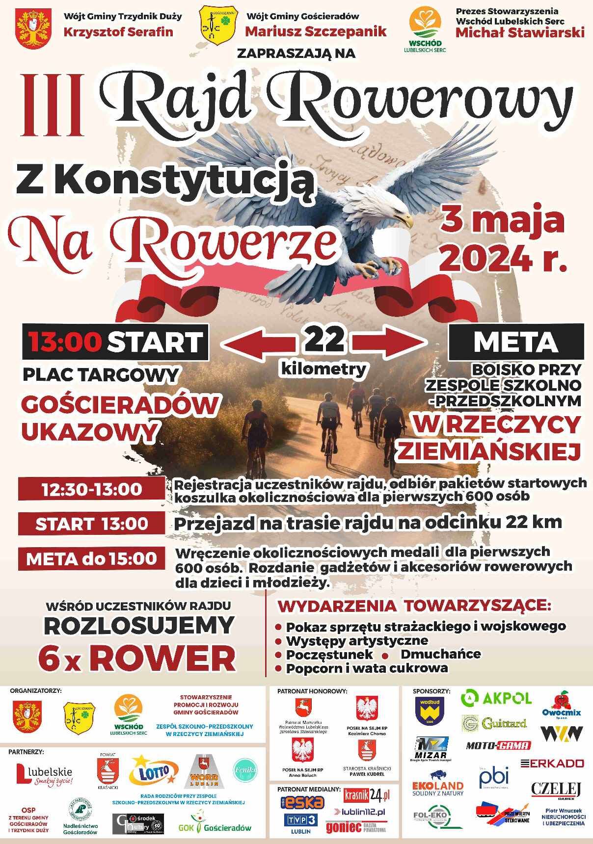 Plakat wydarzenia "III Tryńczański Rajd z Konstytucją", zawierający informacje o dacie i miejscu startu, dystansie, atrakcjach oraz grafikę z orłem i flagami Polski.