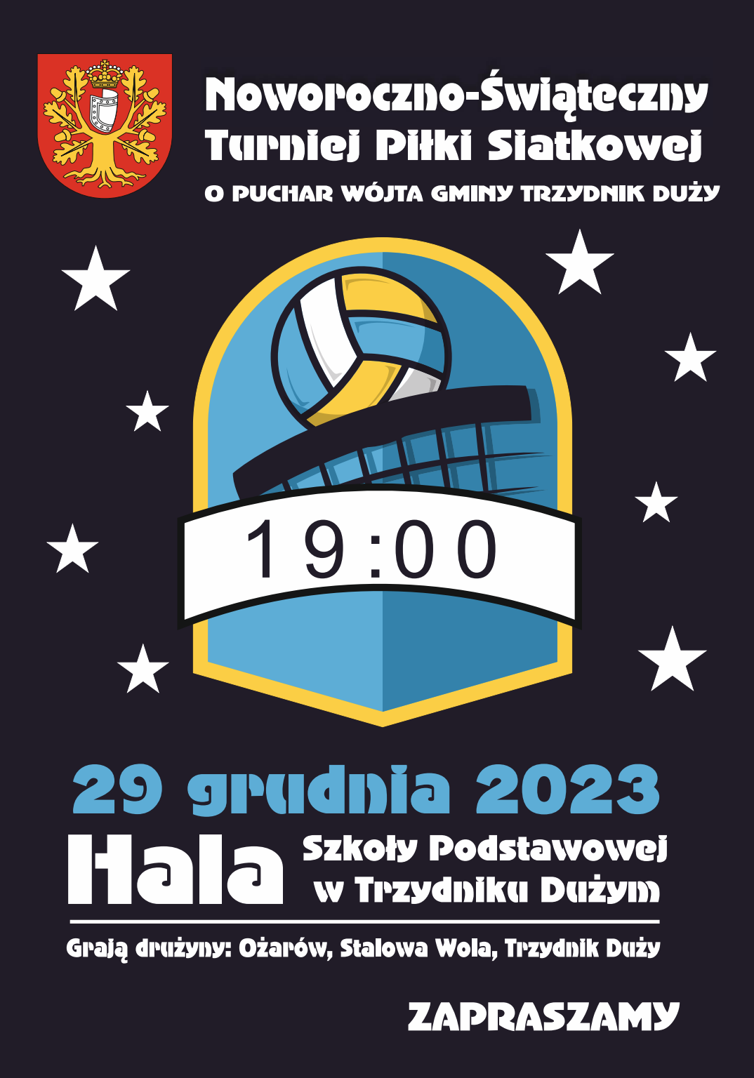 Plakat zapowiadający turniej piłki siatkowej o Puchar Wójta Gminy Trzydnik Duży, 29 grudnia 2023 o godz. 19:00 w Hali Szkoły Podstawowej. Zawiera herby, datę, godzinę i informacje o lokalizacji.
