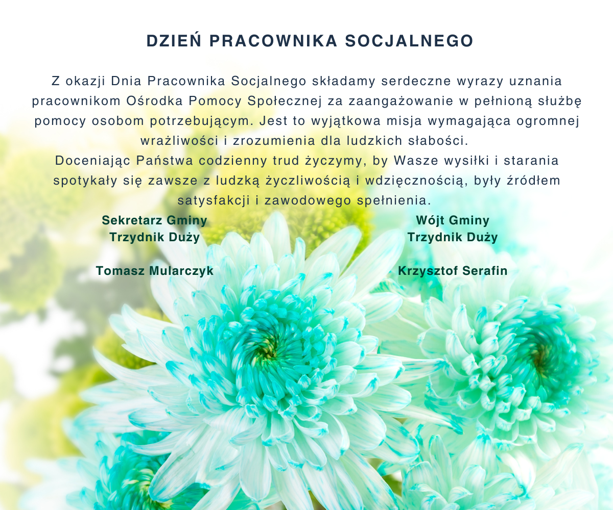 Grafika z okazji Dnia Pracownika Socjalnego z zielonymi liśćmi w tle i złotym tekstem, zawierającym nazwiska osób oraz podziękowania za pracę społeczną.