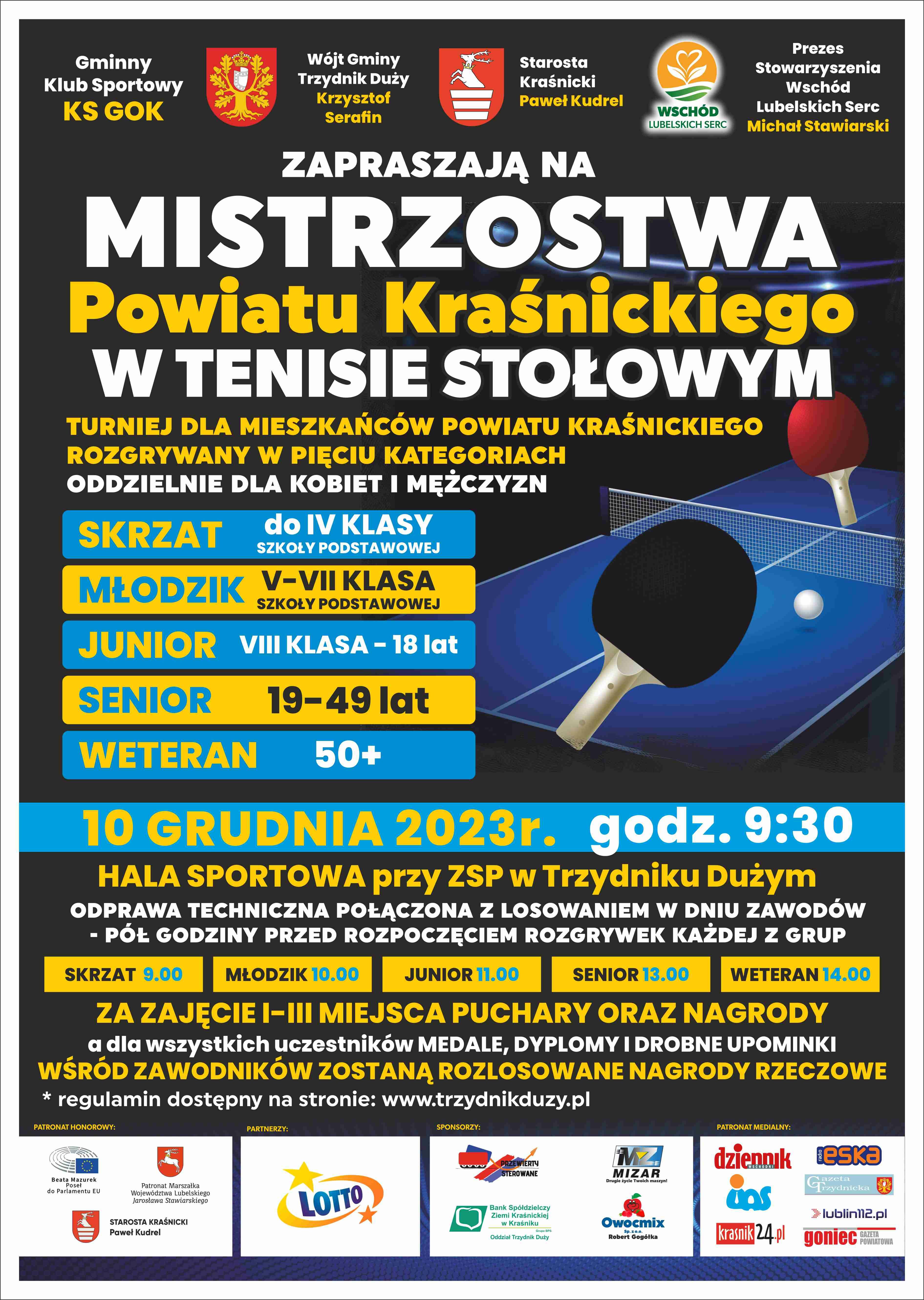 Plakat promujący mistrzostwa w tenisie stołowym dla różnych kategorii wiekowych, zaplanowane na 10 czerwca 2023 r. Zawiera informacje o lokalizacji, harmonogramie oraz nagrodach.