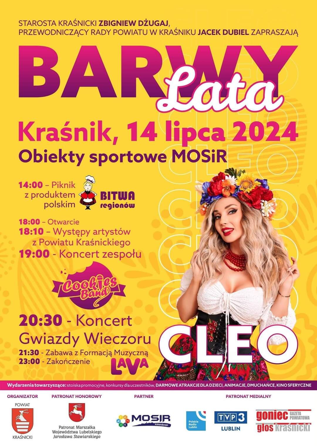 Plakat wydarzenia muzycznego "BARWY lata W KRAŚNIKU" odbywającego się 14 lipca 2024 z programem oraz zdjęciem uśmiechniętej blondynki w kolorowym wianku.