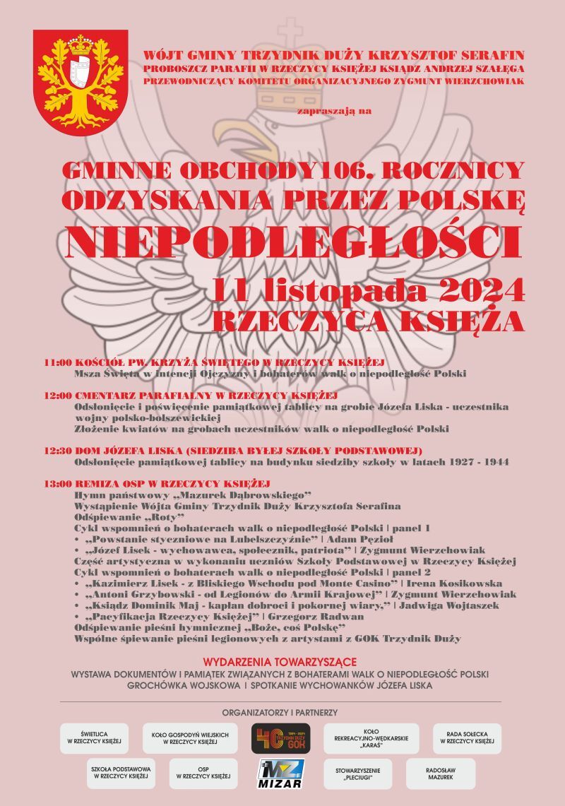 Afisz ogłaszający uroczystości 106 rocznicy odzyskania niepodległości  z datami, harmonogramem imprez i logami organizatorów na czerwono-białym tle z orłem w koronie.