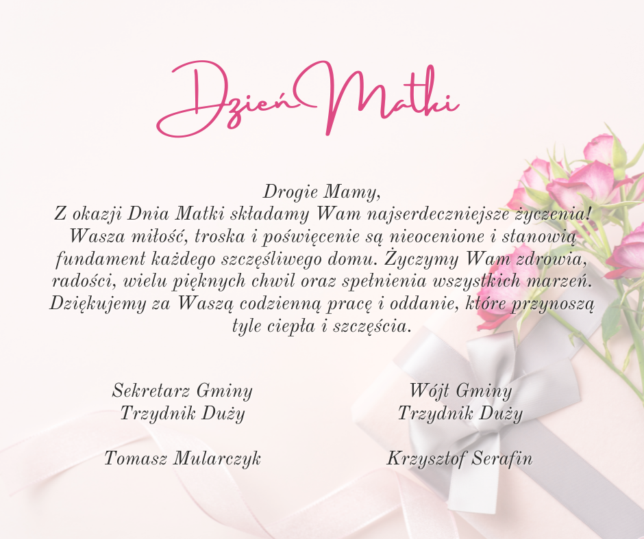 Zdjęcie przedstawia kartkę z życzeniami na Dzień Matki. Tekst jest napisany kursywną czcionką w różowych i fioletowych odcieniach na jasnoróżowym tle, z kwiatami po lewej stronie i górnym prawym rogu.