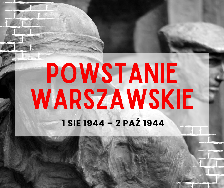 Zdjęcie czarno-białe pomnika Powstania Warszawskiego z napisem "POWSTANIE WARSZAWSKIE 1 SIE 1944 - 2 PAŹ 1944" na czerwonym tle.