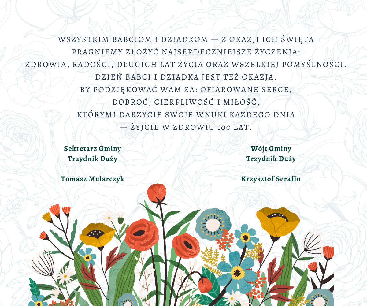 Obraz przedstawiający kolorowy bukiet kwiatów i roślin z otwartą kartką z życzeniami w języku polskim, dedykowany na Dzień Babci i Dziadka.