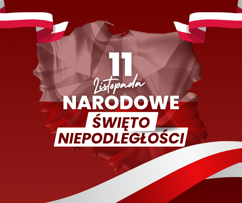 Grafika z okazji Narodowego Święta Niepodległości Polski, z flagą Polski i datą 11 listopada na czerwonym tle.