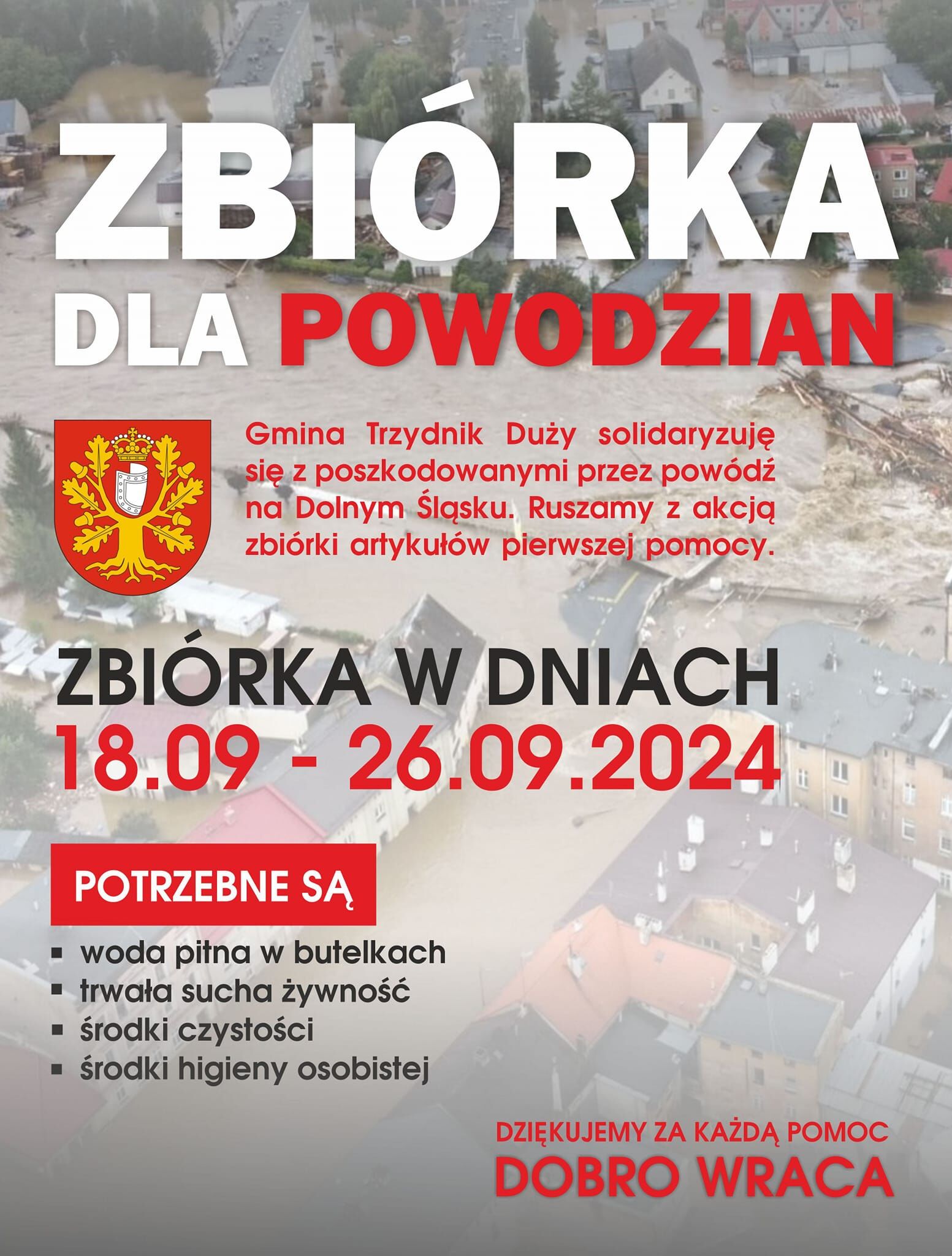 Plakat informacyjny o zbiórce dla poszkodowanych przez powódź, z datami 18.09 - 26.09.2024, listą potrzebnych artykułów i herbem Polski.