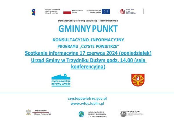 Plakat informacyjny o spotkaniu konsultacyjno-informacyjnym programu "Czyste Powietrze" w Urzędzie Gminy w Tyczynie, 17 czerwca 2024, z logotypami instytucji.