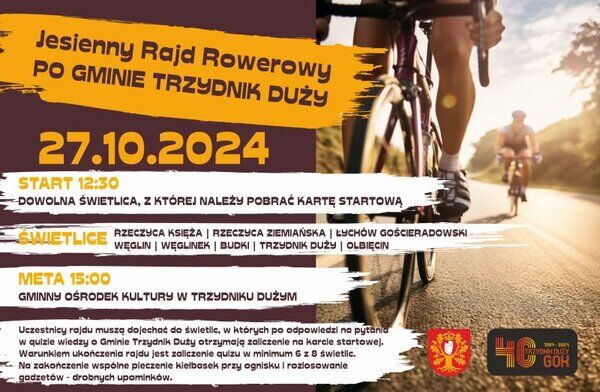 Jesienny Rajd Rowerowy, start 27.10.2024, Grupa rowerzystów na trasie, detale wydarzenia i sponsorzy na plakacie w odcieniach żółci i pomarańczy.