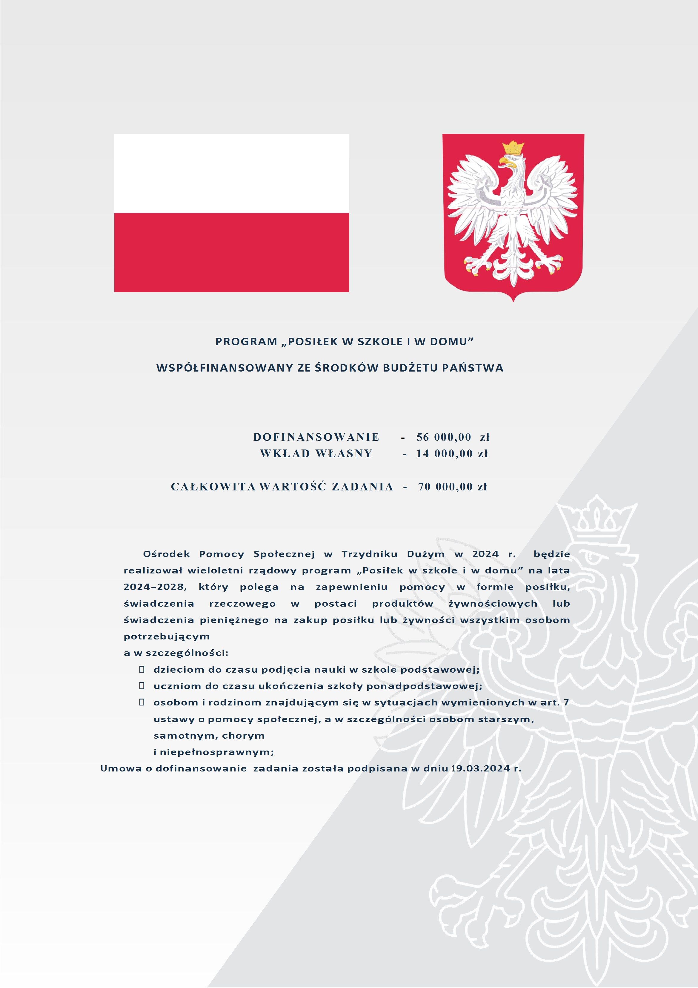 Zdjęcie prezentuje dokument z polskim tekstem i herbem Polski - białym orłem w koronie na czerwonym tle, dotyczący programu "Posiłek w szkole i w domu".
