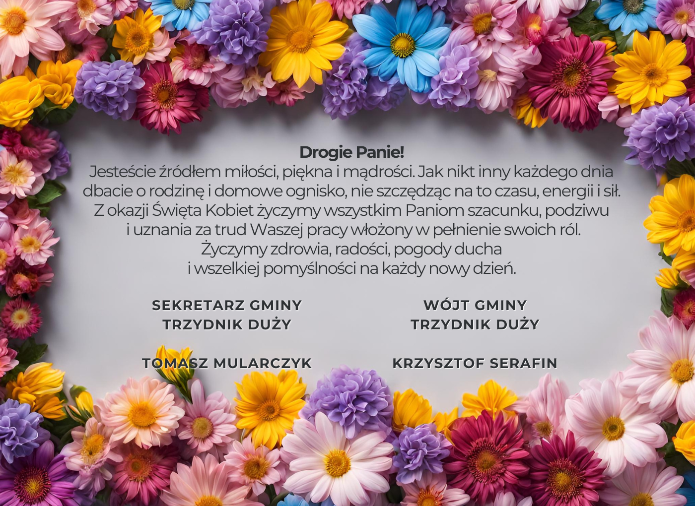 Zdjęcie różnokolorowych kwiatów ułożonych wokół białej kartki z polskim tekstem, który wyraża wdzięczność i uznanie dla matek.