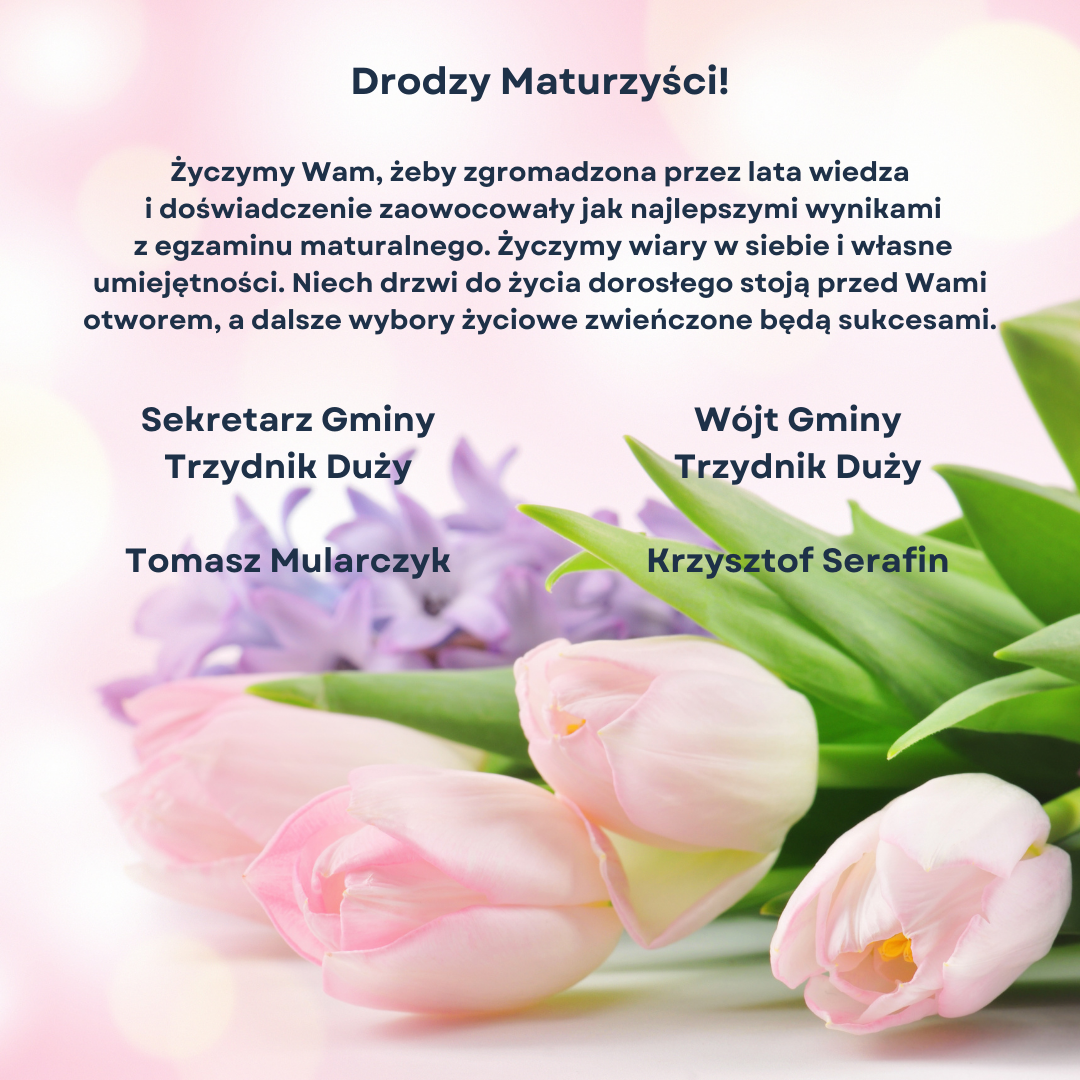 : Kartka z życzeniami z różowymi tulipanami i wiadomością w języku polskim, życzącą powodzenia na egzaminie maturalnym.