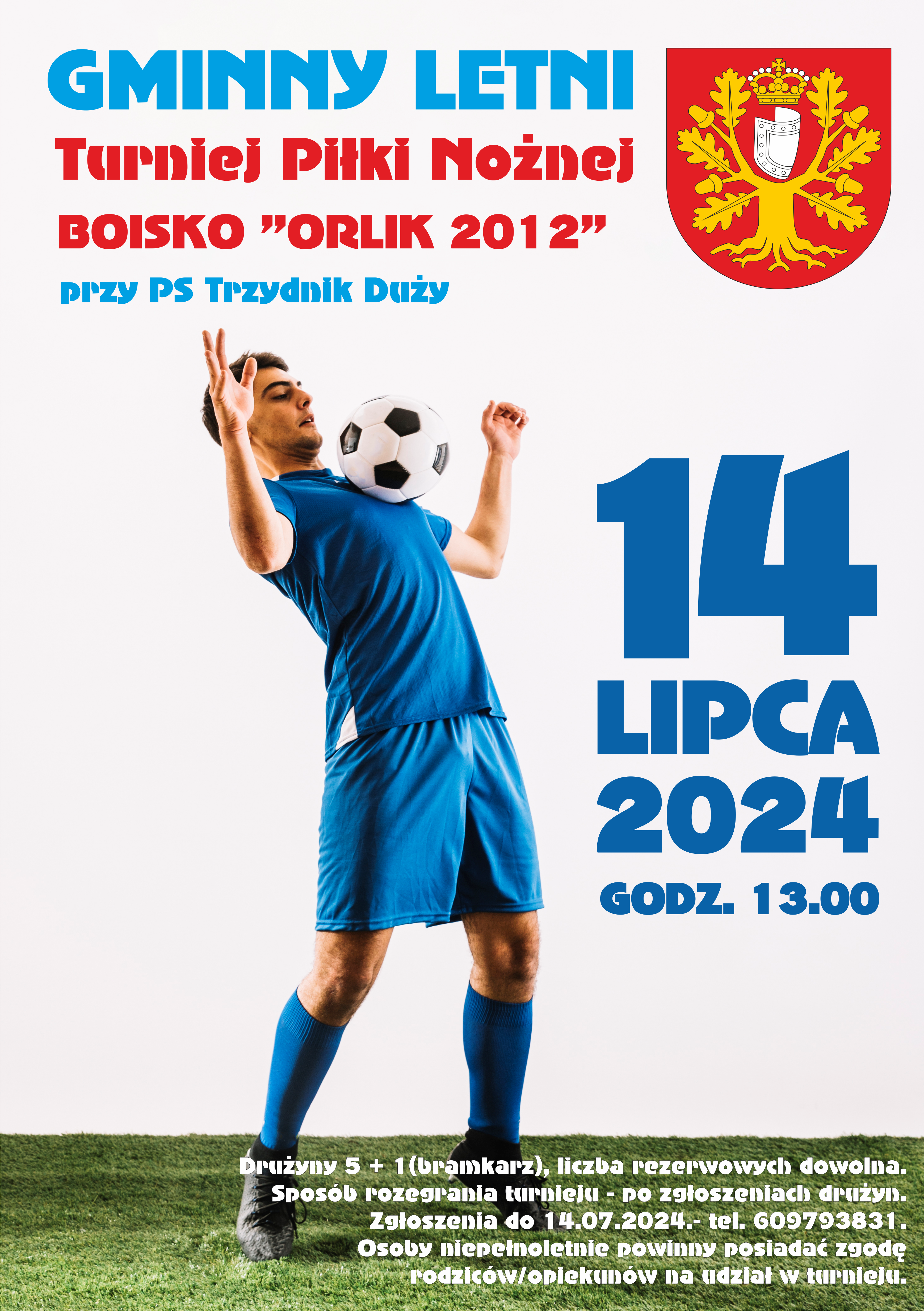 Plakat zapowiadający "Gminny Letni Turniej Piłki Nożnej 2021", z datą "14 lipca 2024", logo turnieju i postacią piłkarza trzymającego piłkę.