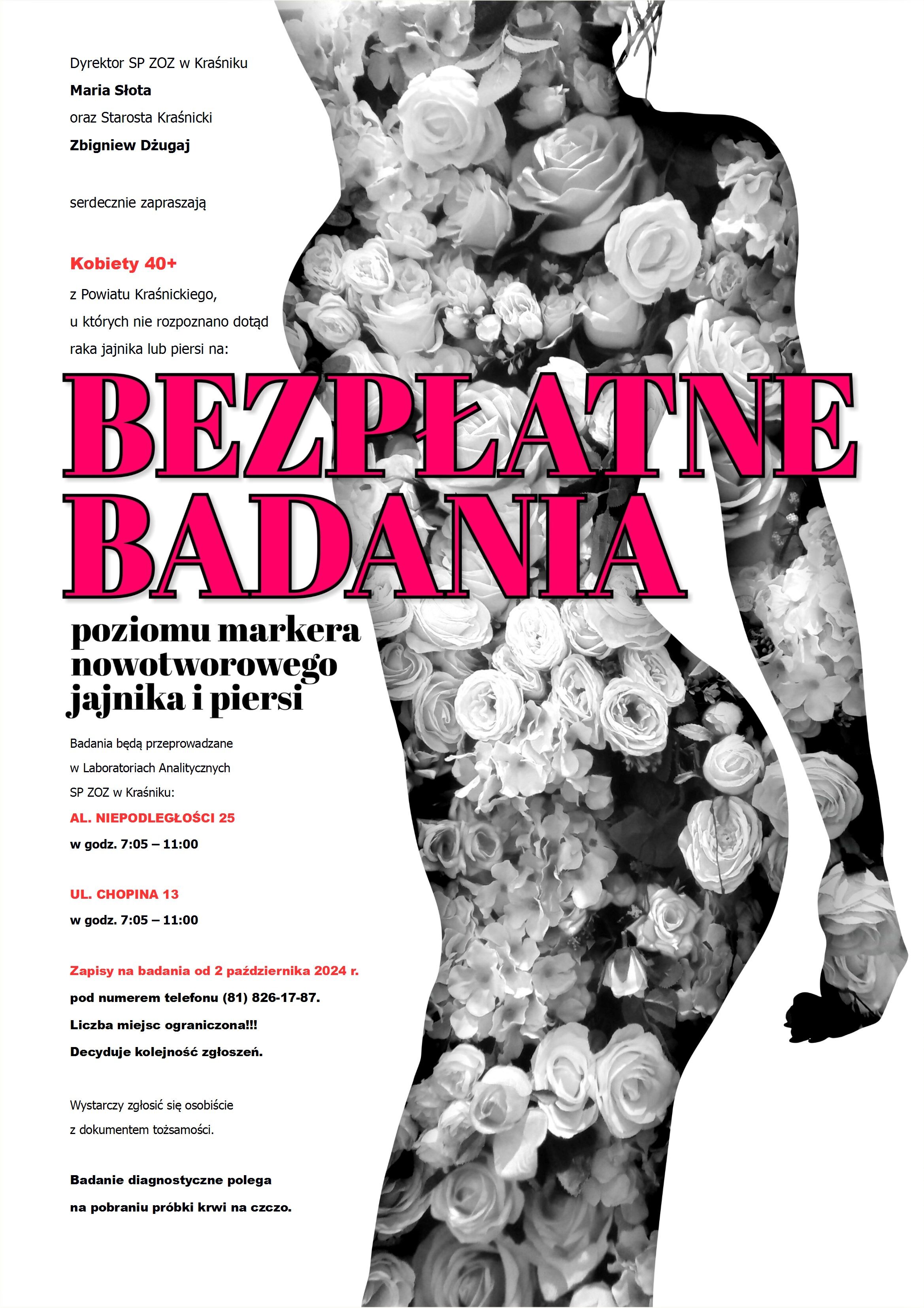 To plakat promujący "BEZPŁATNE badania piersi". W tle czarno-białe zdjęcie kobiety z różami, tekst różowo-czarny, informacje o badaniach i numer telefonu.