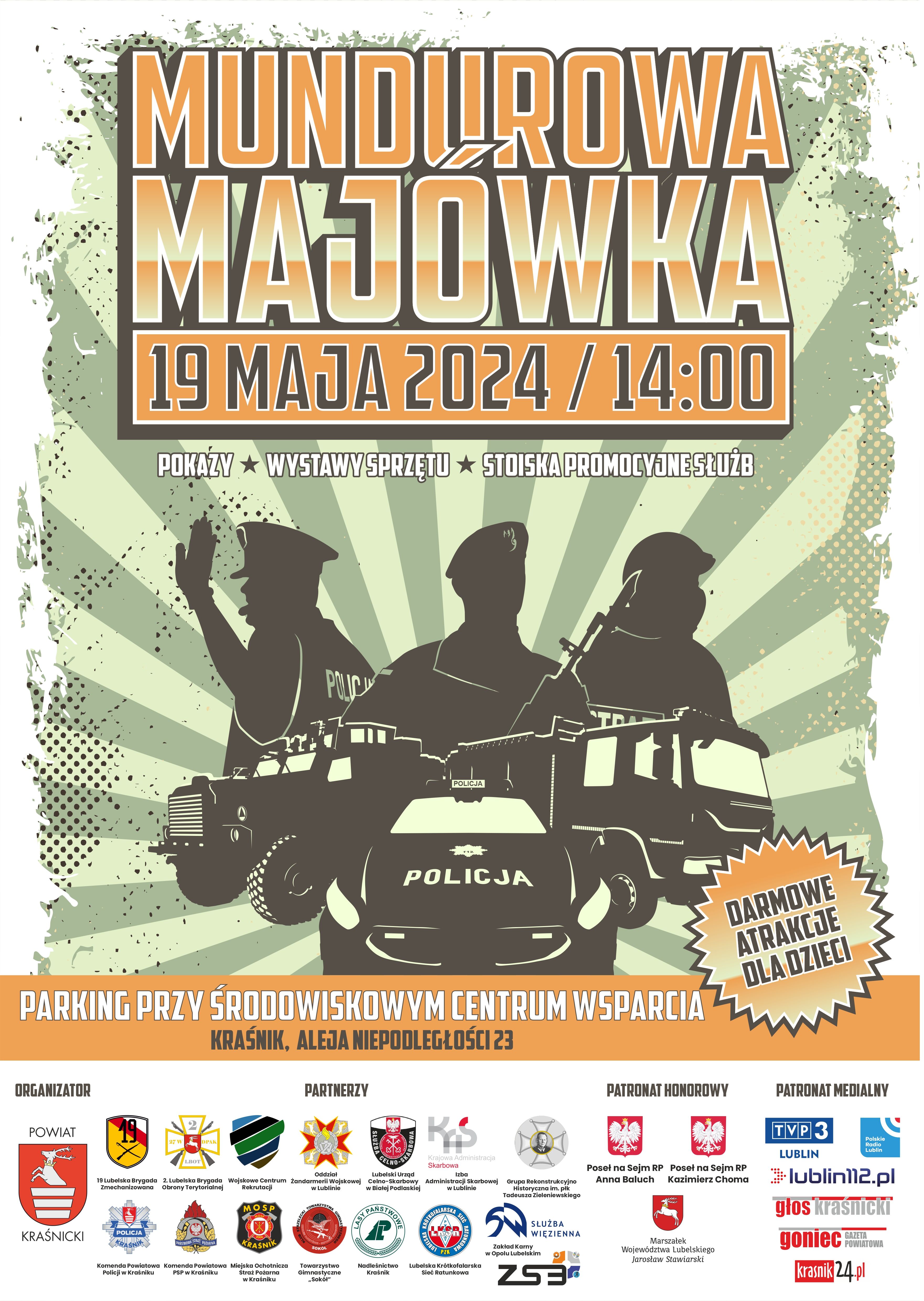 Plakat wydarzenia "MUNDUROWA MAJÓWKA", datowanego na 19 maja 2024 o 14:00, z pokazami, wystawą sprzętu i stoiskami produktów i usług. Na dole znaki partnerów i sponsorów, w centrum grafika z sylwetkami ludzi w policyjnym stroju i pojazdem.