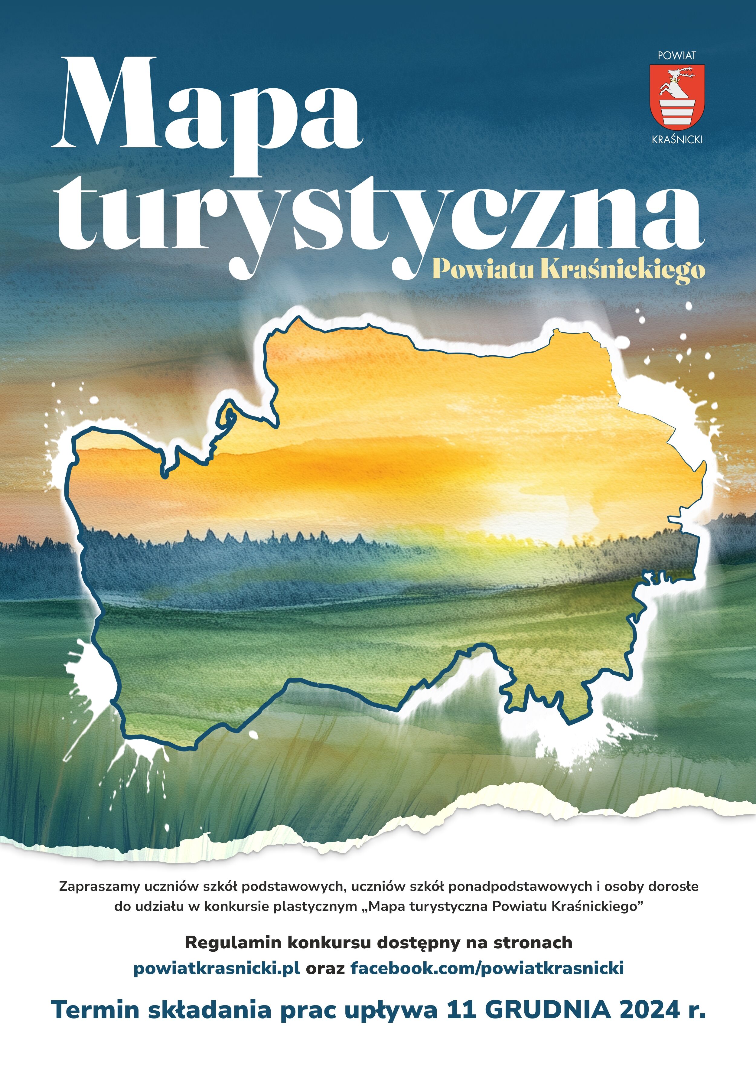 Plakat "Mapa turystyczna" z konturem województwa, leśnym krajobrazem i wschodem słońca w tle, informacjami o konkursie rysunkowym oraz datą zakończenia.