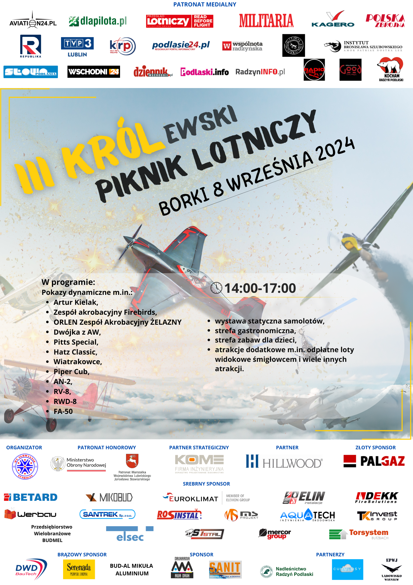 Plakat wydarzenia "III Król Ewski Piknik Lotniczy Borki 8 września 2024", z grafiką samolotu akrobacyjnego, informacjami programowymi, sponsorami i logo.