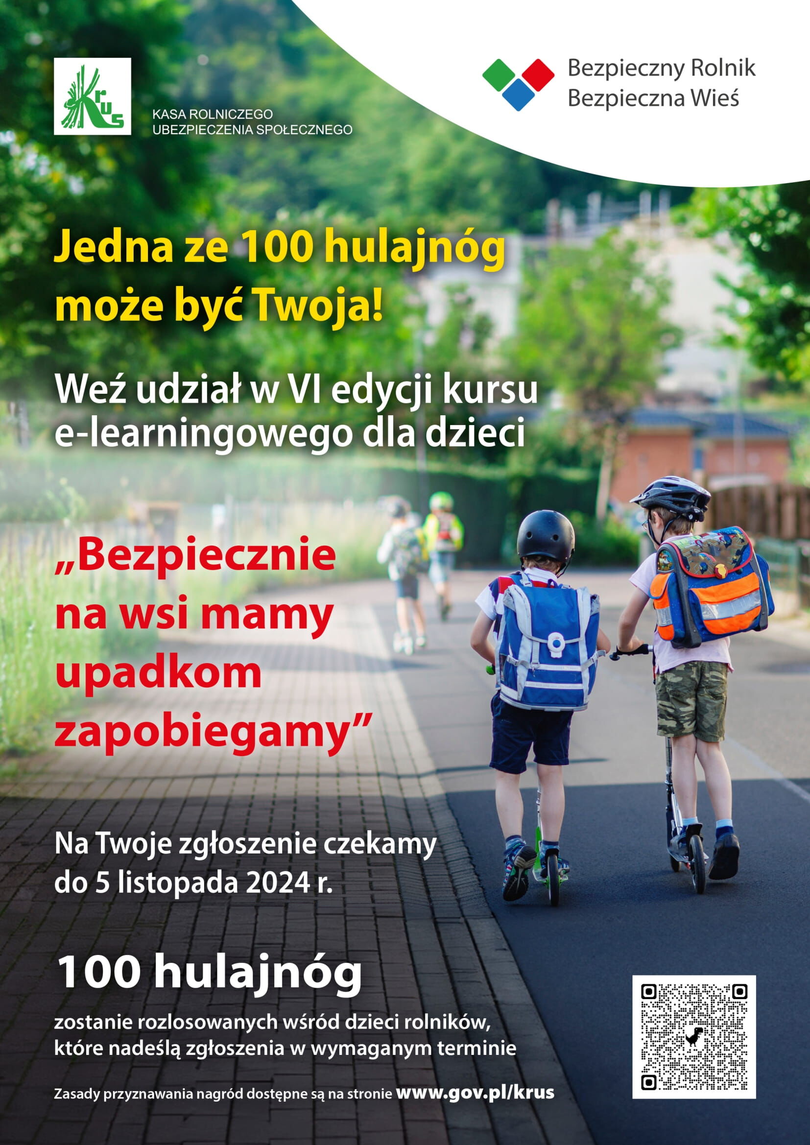 Plakat promujący kurs jazdy na hulajnodze dla dzieci z napisami zachęcającymi do bezpiecznej jazdy, widoczne dwie postacie w kaskach jeżdżące na hulajnogach.