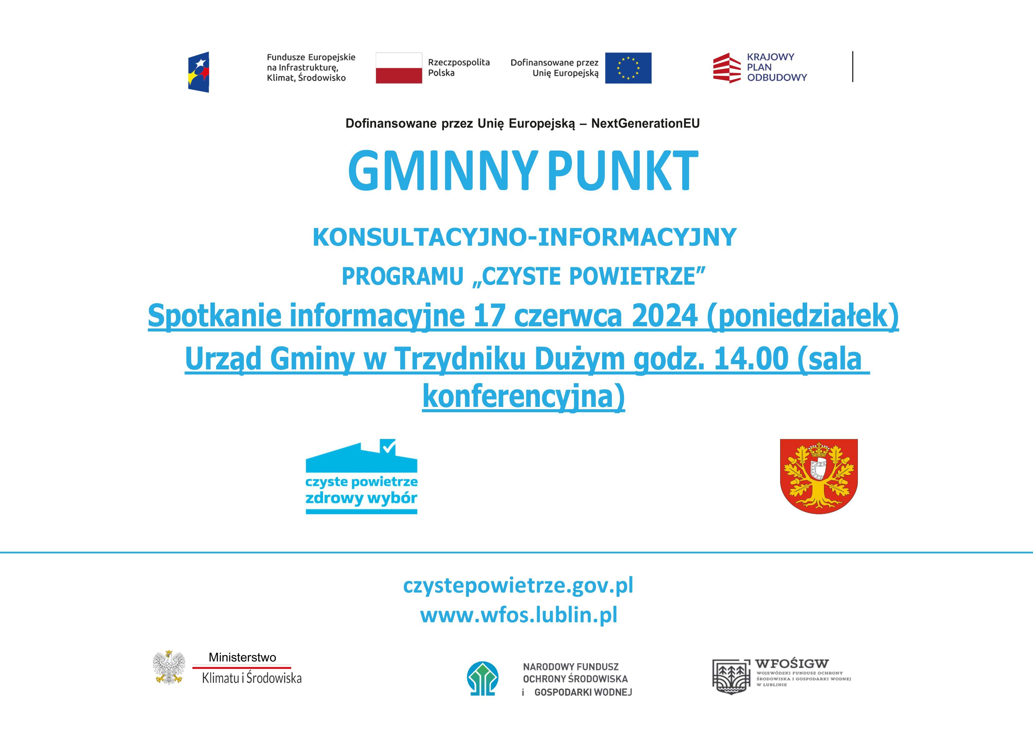 Plakat informacyjny o spotkaniu konsultacyjnym "Czyste Powietrze" w Urzędzie Gminy w Trzydniku Dużym, planowanym na 17 czerwca, godz. 14:00, z logo programu i sponsorów.