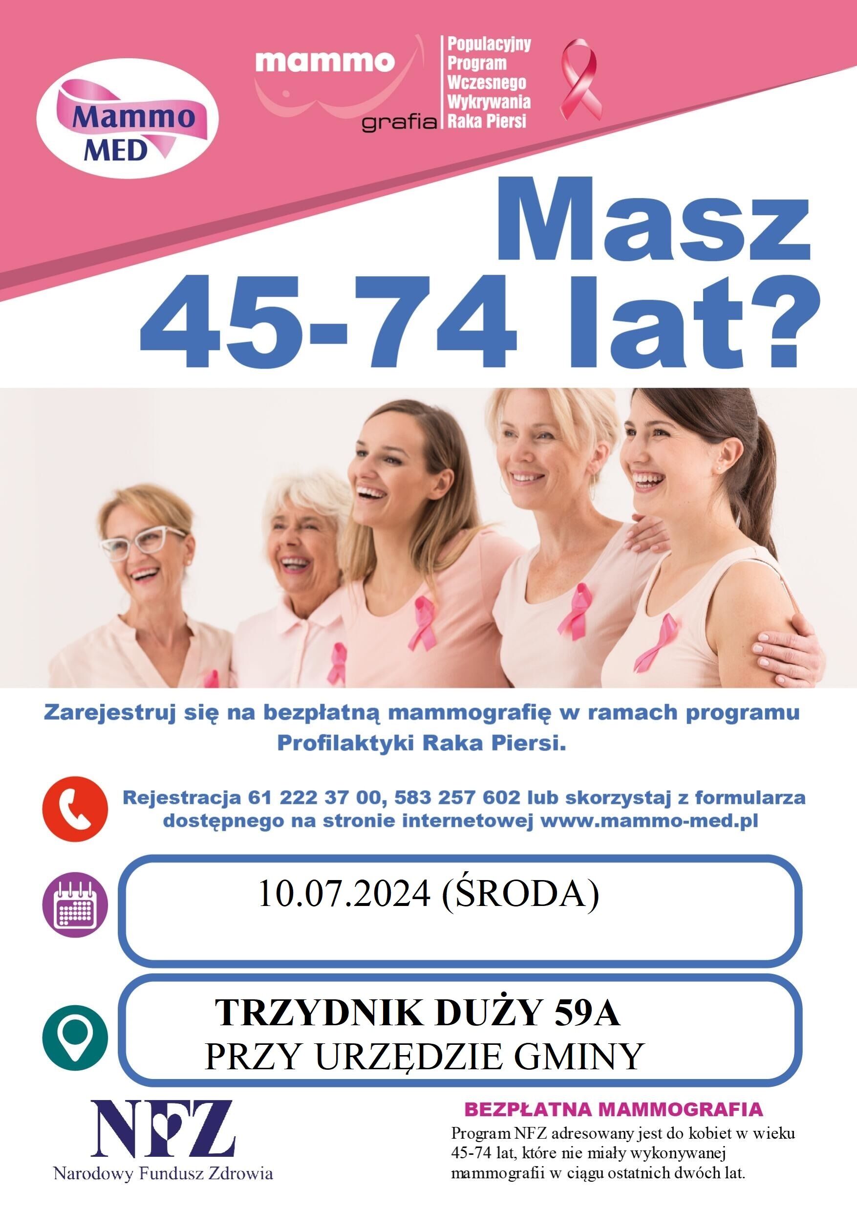 Plakat "Program Profilaktyki Raka Piersi" zachęcający kobiety w wieku 45-74 lata do wykonania bezpłatnej mammografii, z uśmiechniętymi kobietami i informacjami kontaktowymi.