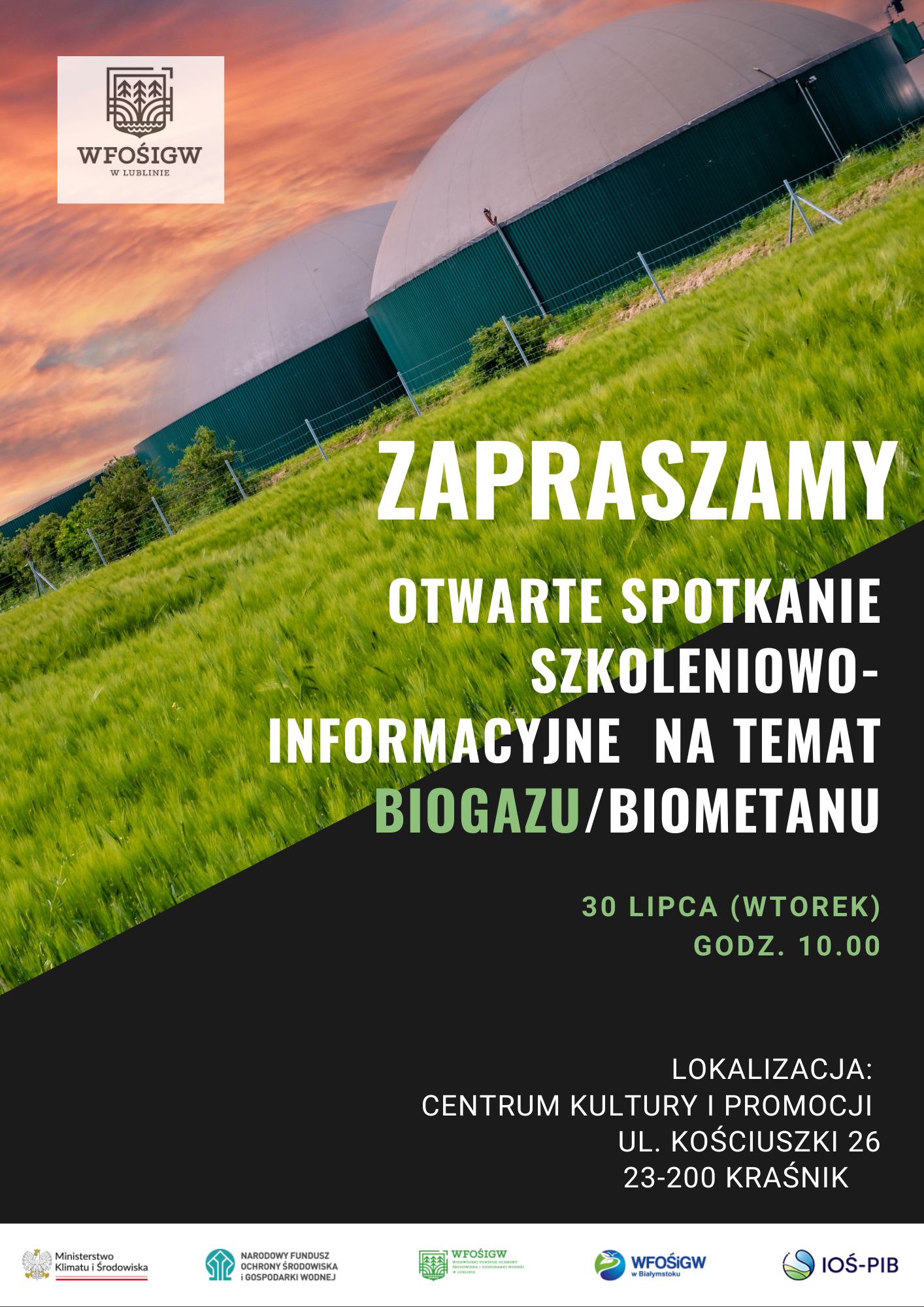 Plakat zapraszający na "Otwarte Spotkania Szkoleniowo-Informacyjne na temat Biomasy/Biometanu" z grafiką kopuły i zieleni, datą i miejscem wydarzenia.