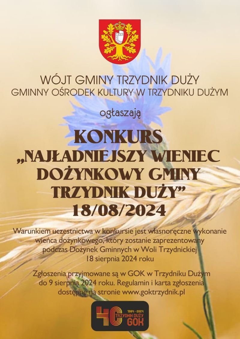 Plakat konkursu o nazwie "Najładniejszy Gminiec Trzydnika Dużego" z datą 18 sierpnia 2024, zawierającym herby, informacje o zasadach zgłoszeń i kontaktach.