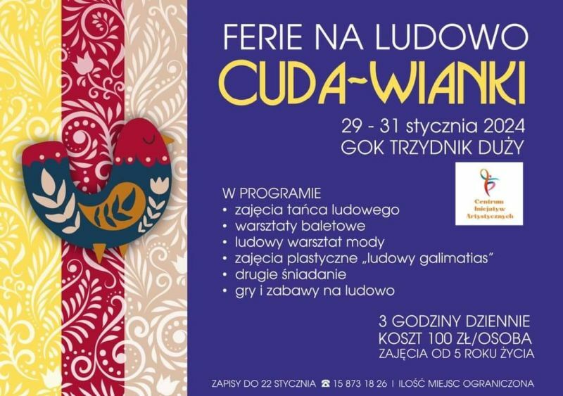 Plakat informacyjny "Ferie na ludowo Cuda-Wianki", przedstawiający daty od 29 do 31 stycznia 2024, z ludowym wzorem i ręcznie malowanym sercem.