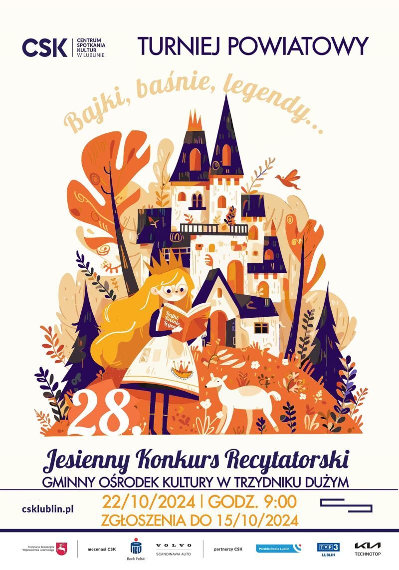 Plakat turnieju recytatorskiego o tematyce "Baśni, bajki, legendy" z ilustracją zamku i leśnych zwierząt, datami i godzinami wydarzenia, miejsce: CENTRUM Spotkania Kultur w Lublinie.