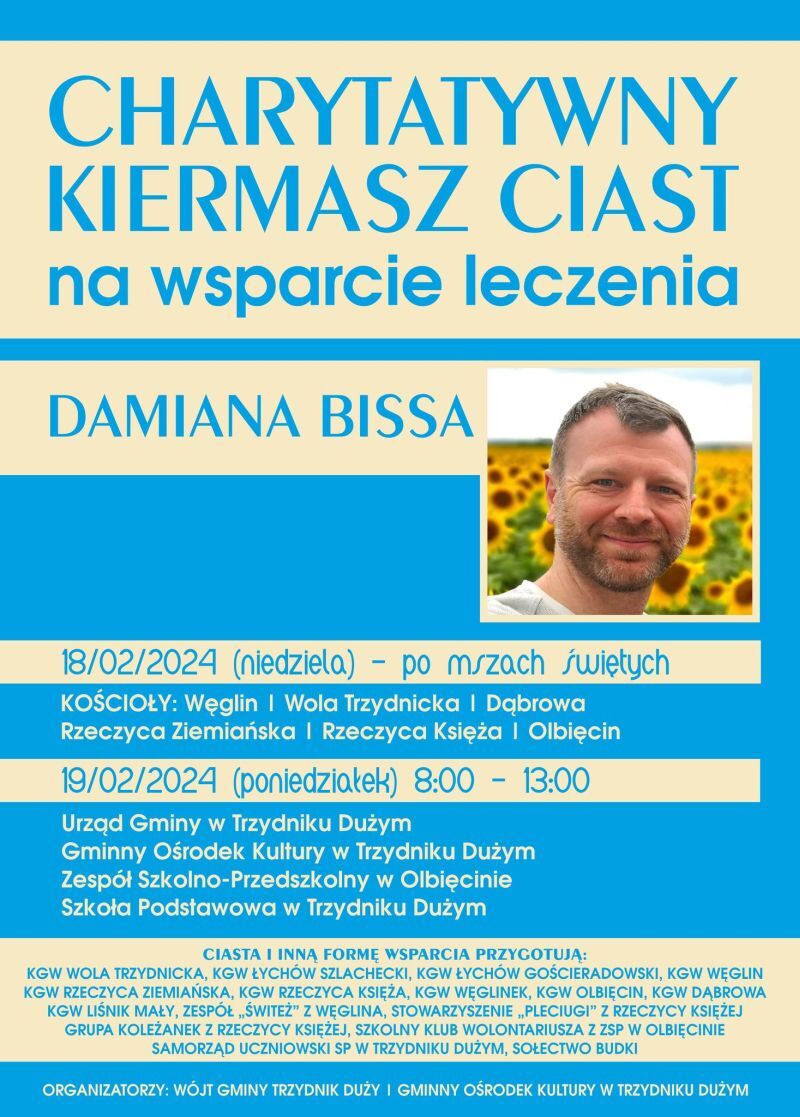 Opis alternatywny: Plakat wydarzenia "Kiermasz Wielkanocny", z informacjami o dacie i godzinach otwarcia, miejscu, oraz zdjęciem uśmiechniętego mężczyzny - Damiana Bissa. Zawiera także loga sponsorów.