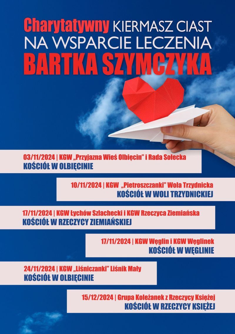 Plakat informacyjny przedstawiający harmonogram wydarzeń: "Charytatywnie Kiermasz Ciast Bartka Szymczyka". Jest czerwony z białym tekstem i grafiką ręki trzymającej papierowy żuraw origami.