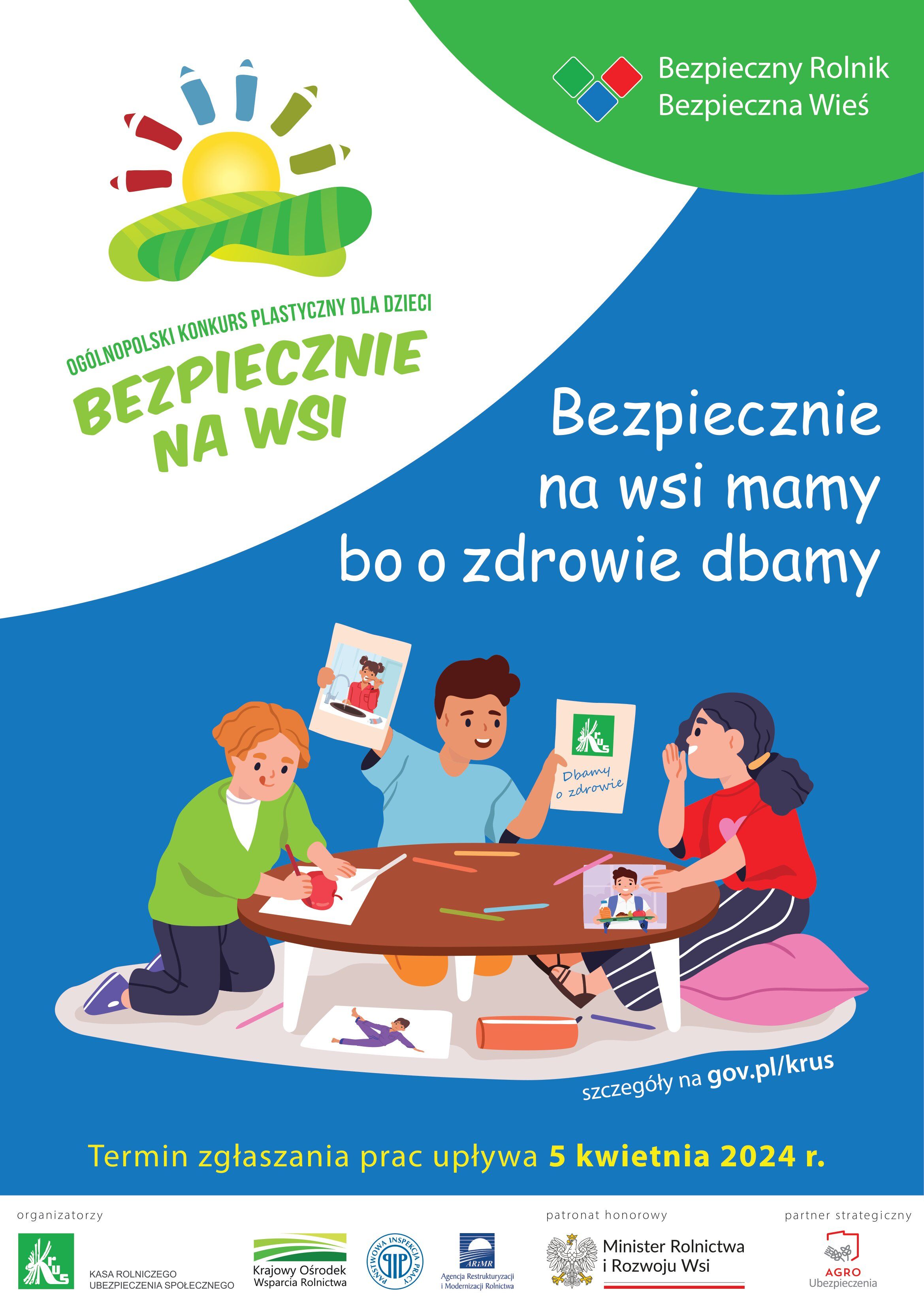 Plakat kampanii "Bezpiecznie na wsi" z grafiką przedstawiającą trójkę dzieci uczących się o zdrowiu, z terminem zgłaszania prac do 5 kwietnia 2024 r.